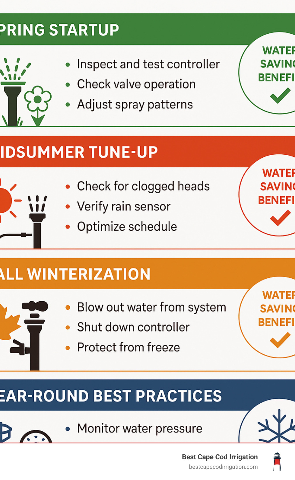 Detailed seasonal maintenance schedule for automatic sprinkler systems showing spring, summer, fall, and winter tasks with corresponding water-saving benefits - Automatic sprinkler system repair infographic 