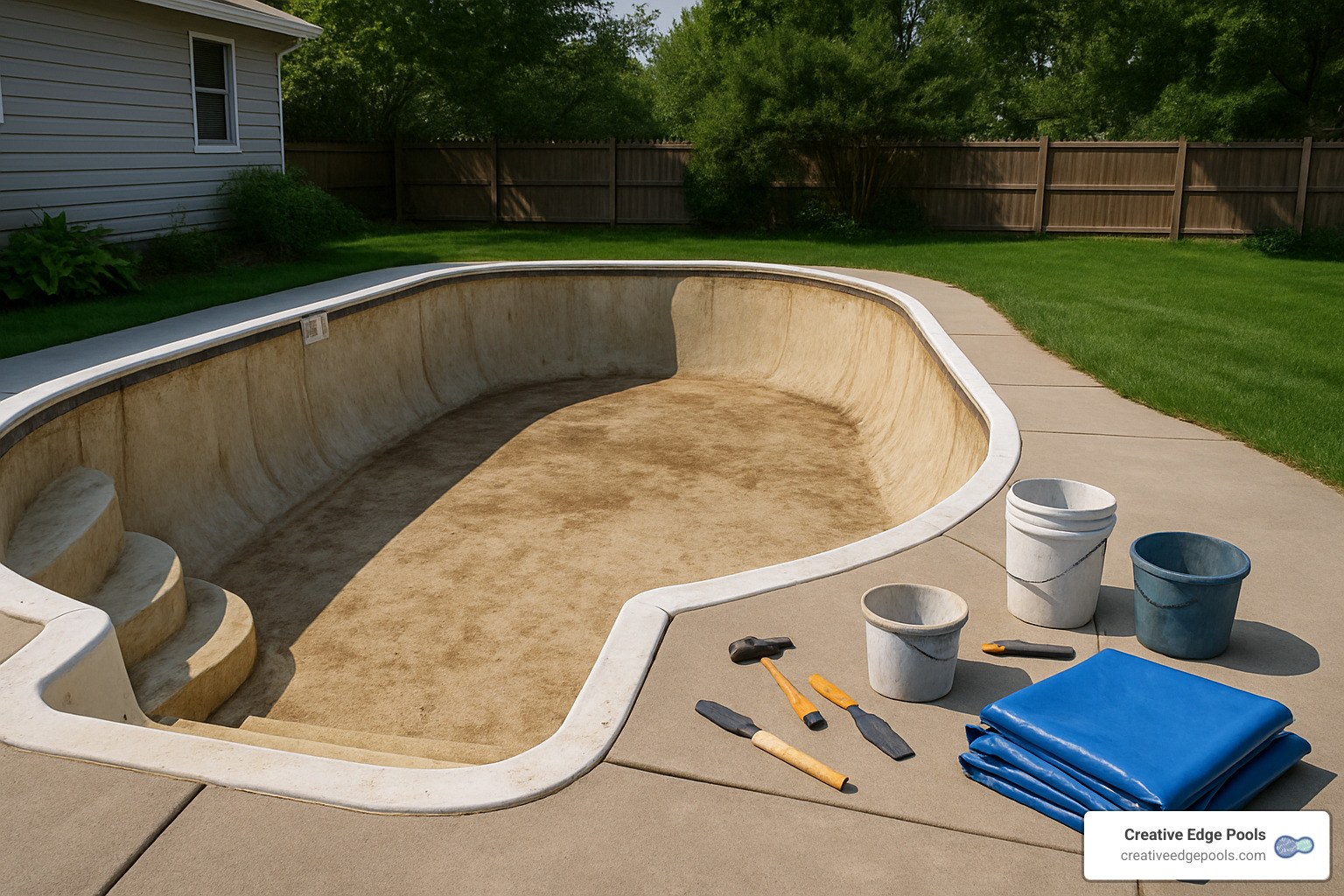 pool with old liner removed showing preparation for new liner - replacing inground pool liner