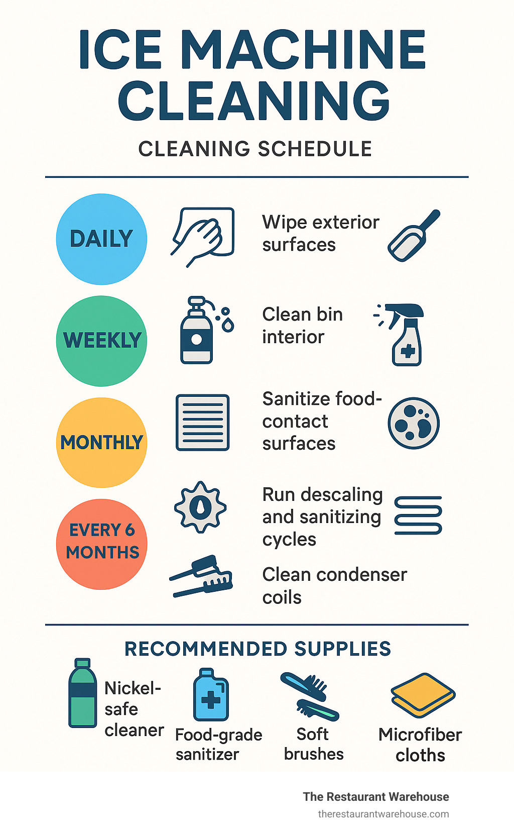Infographic showing ice machine cleaning schedule with daily, weekly, monthly and biannual tasks, including descaling process, sanitizing steps, and proper chemical dilution ratios - ice machine cleaning infographic 