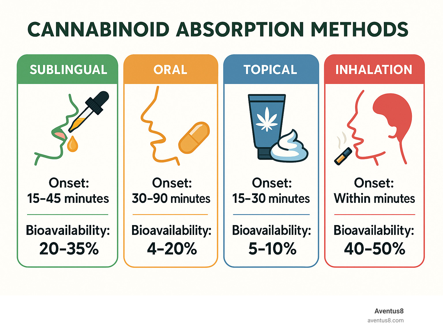 Infographic showing cannabinoid absorption methods comparing sublingual, oral, topical and inhalation with onset times and bioavailability percentages - High-quality cannabis oils infographic 