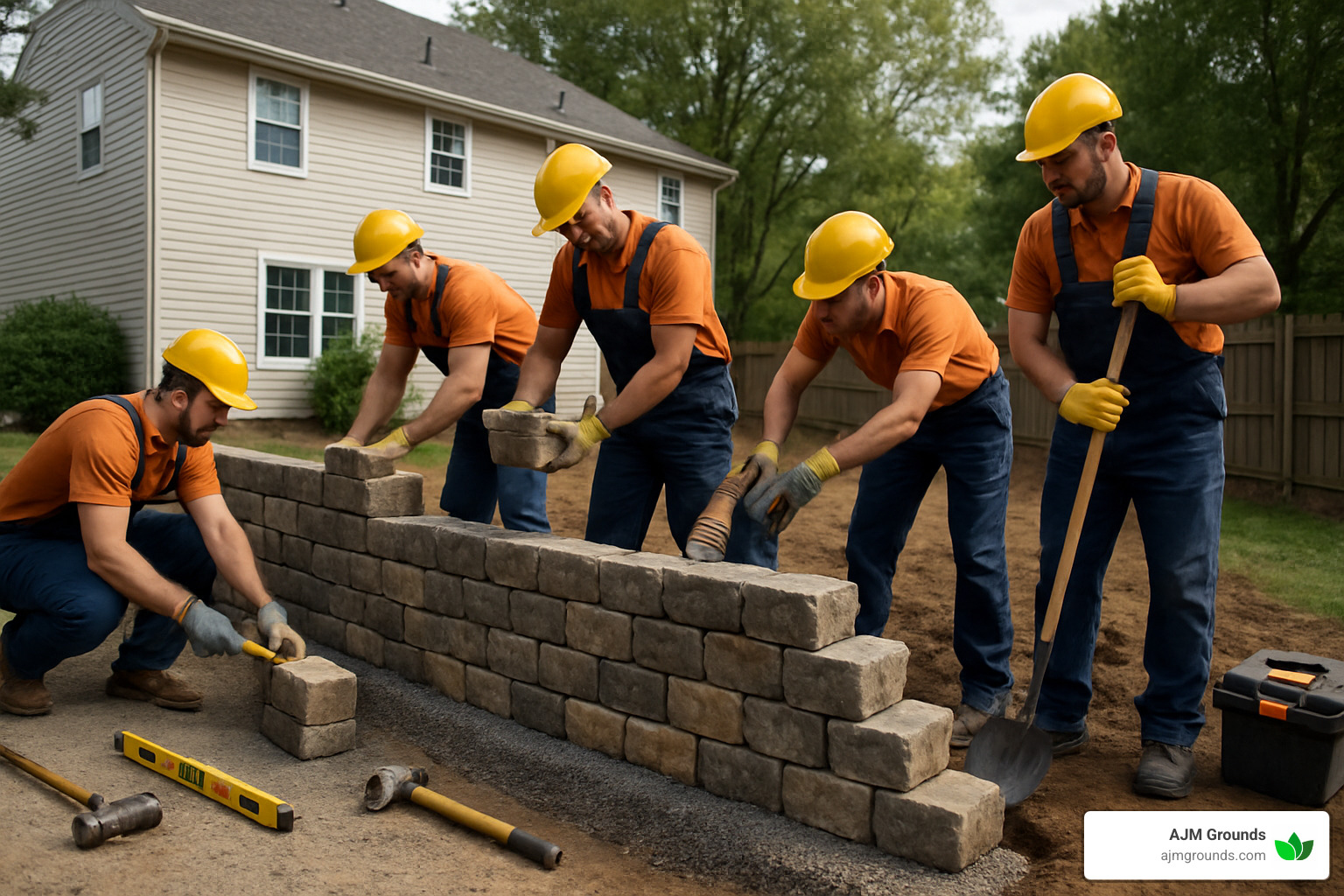 professional retaining wall builders working on a project - retaining wall builders near me