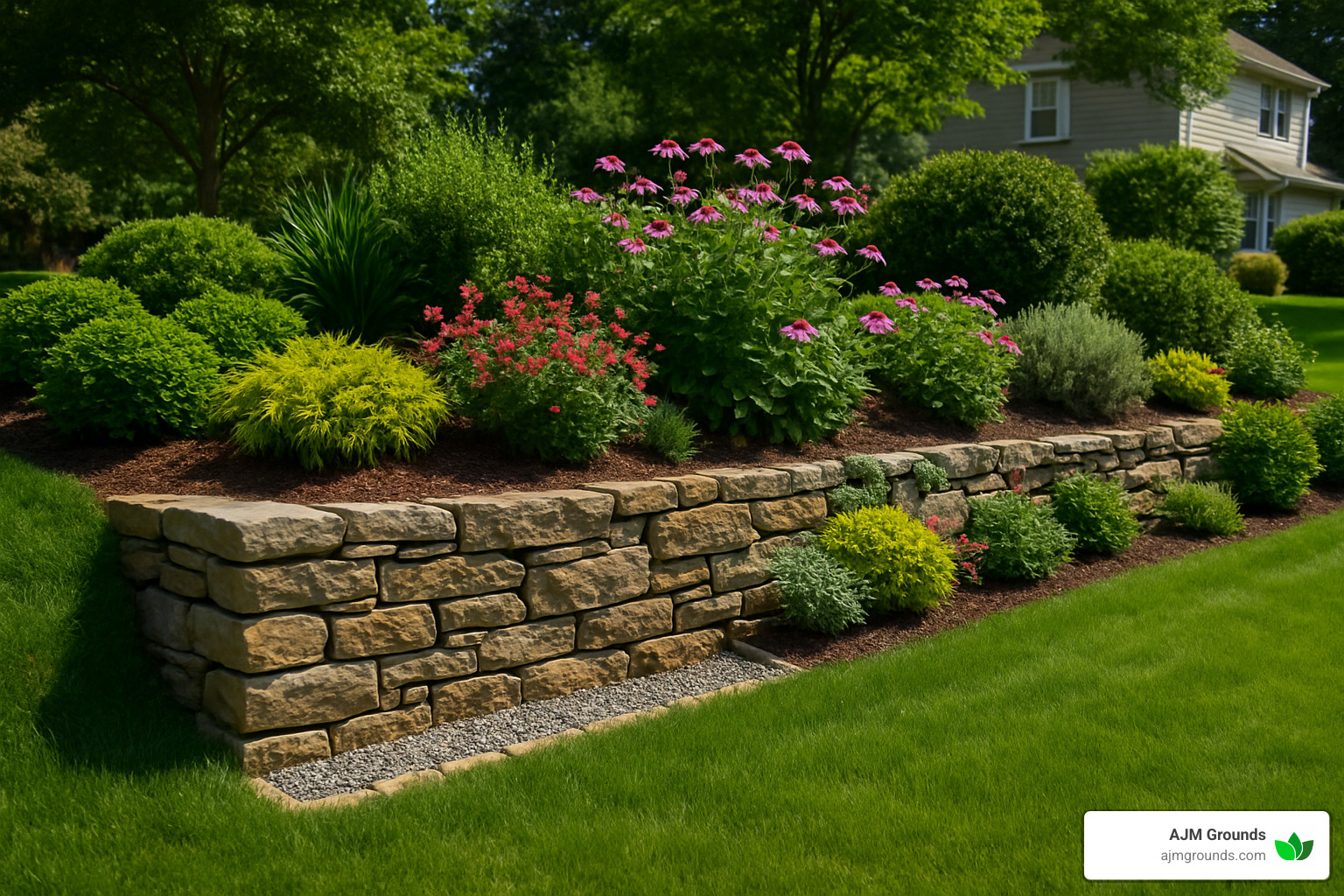 long lasting stone retaining wall with landscaping - retaining wall builders near me