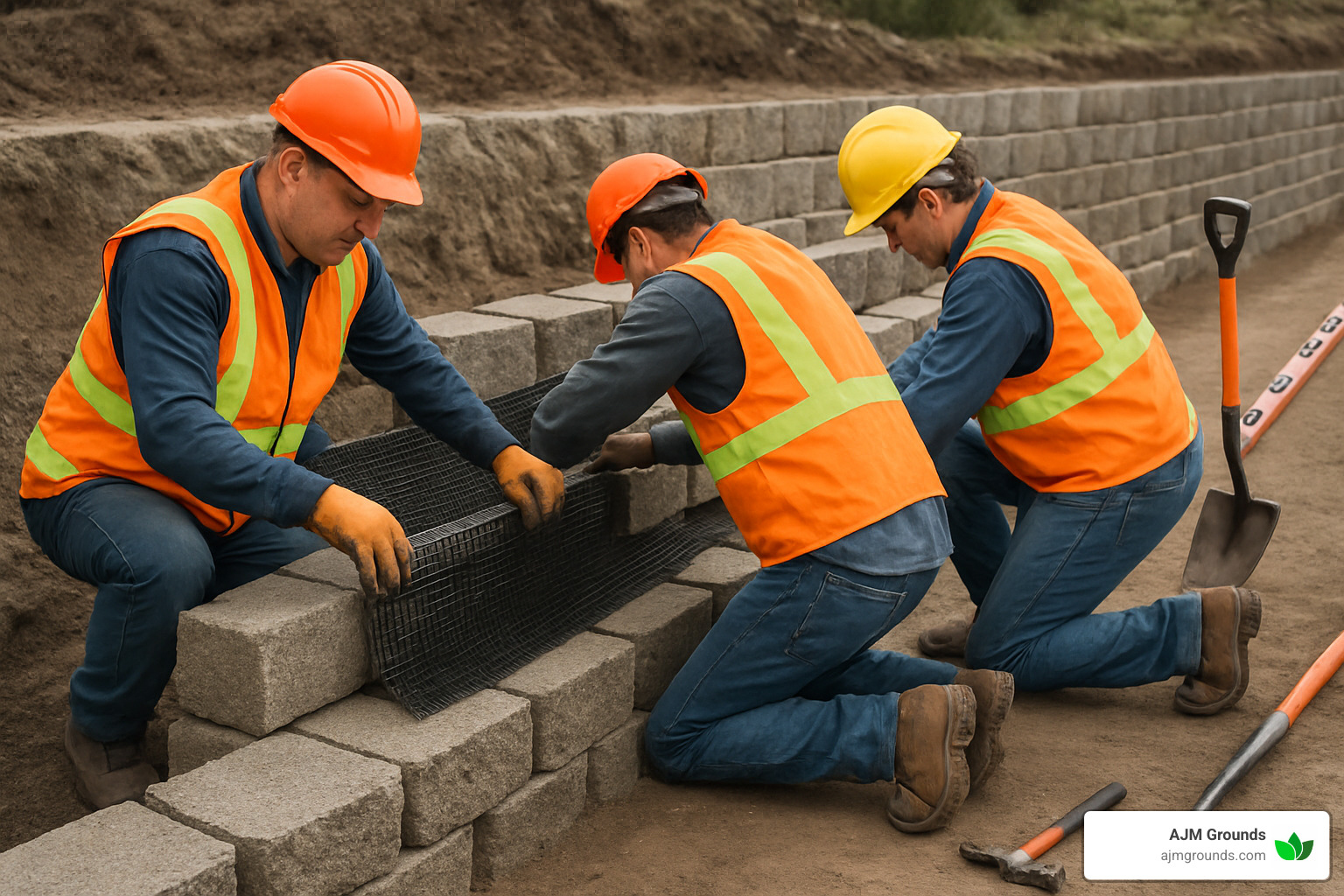 geogrid reinforcement being installed in a retaining wall - retaining wall builders near me