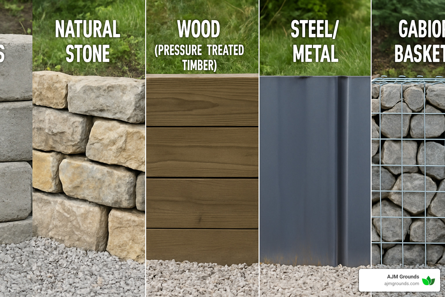 comparison of different retaining wall materials showing texture and appearance - retaining wall builders near me
