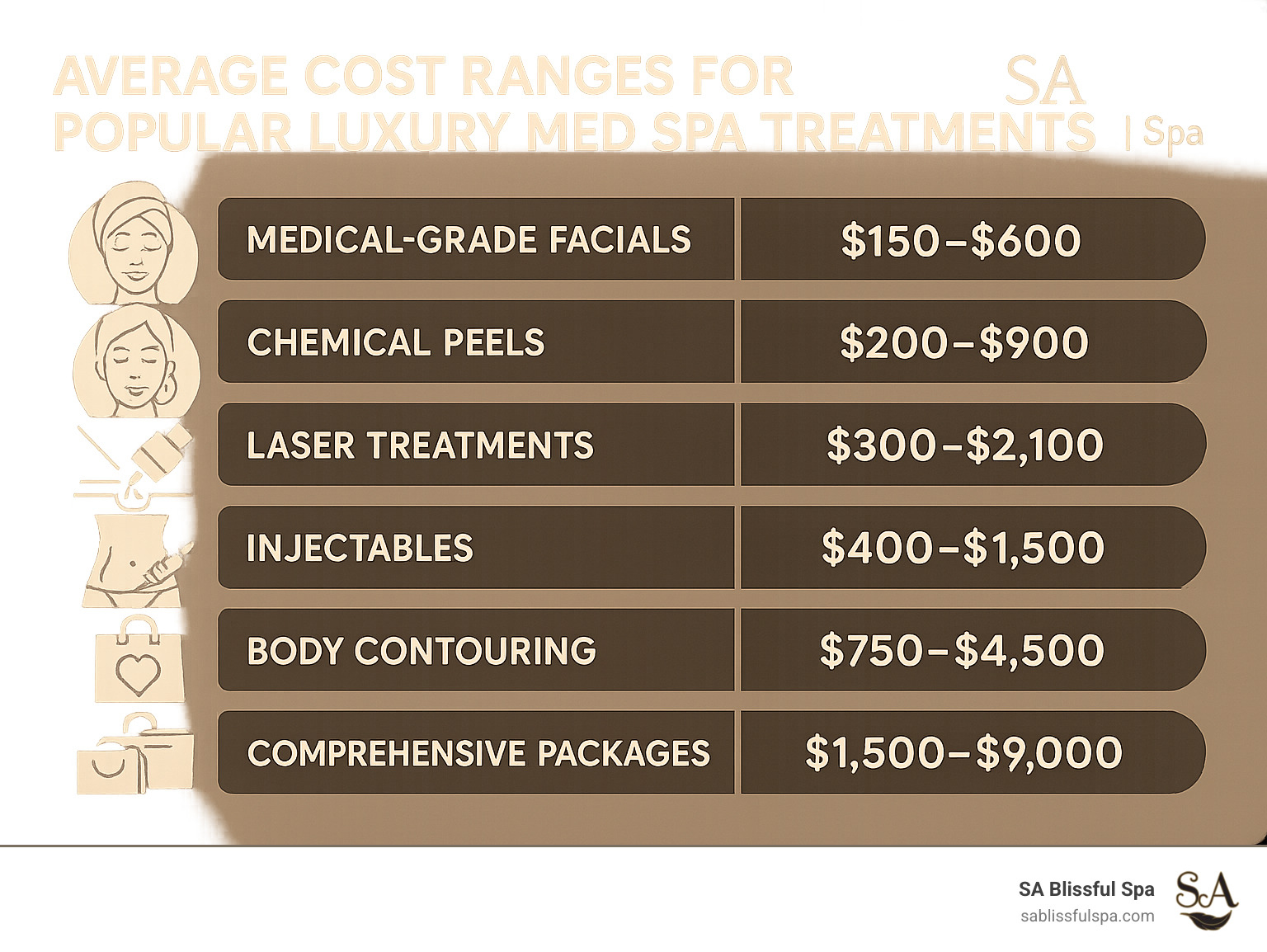 Chart showing average cost ranges for popular luxury med spa treatments - luxury skin care med spa infographic 