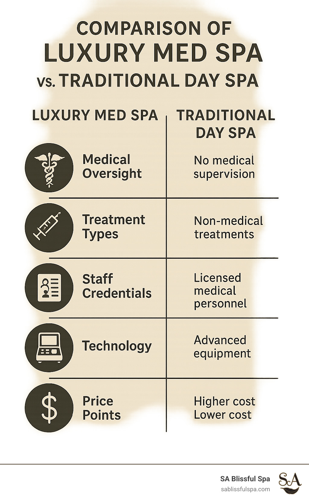 Comparison of luxury med spa vs traditional day spa showing differences in medical oversight, treatment types, staff credentials, technology, and price points - luxury skin care med spa infographic 