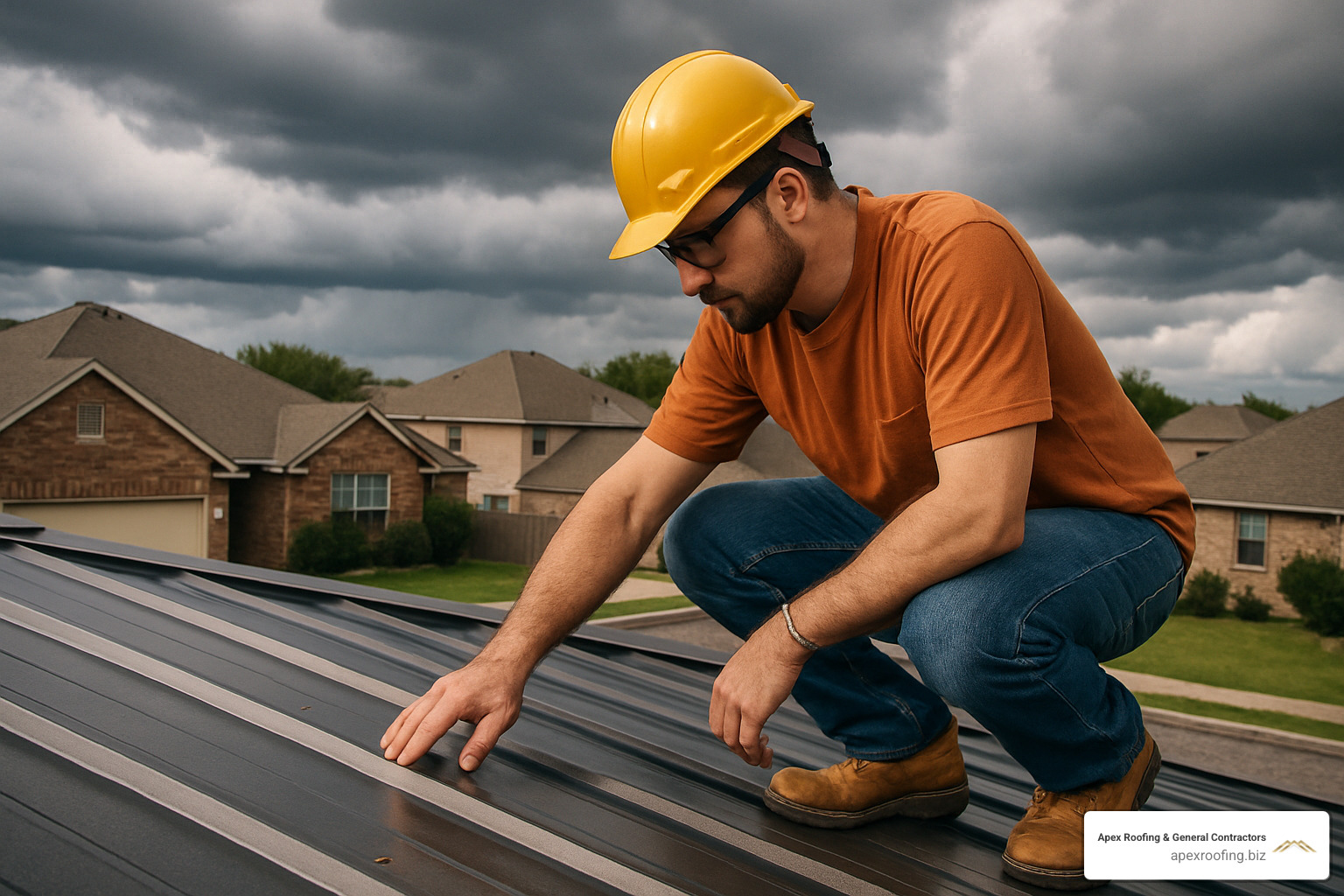 homeowner inspecting metal roof after storm in San Antonio - metal roofers san antonio texas