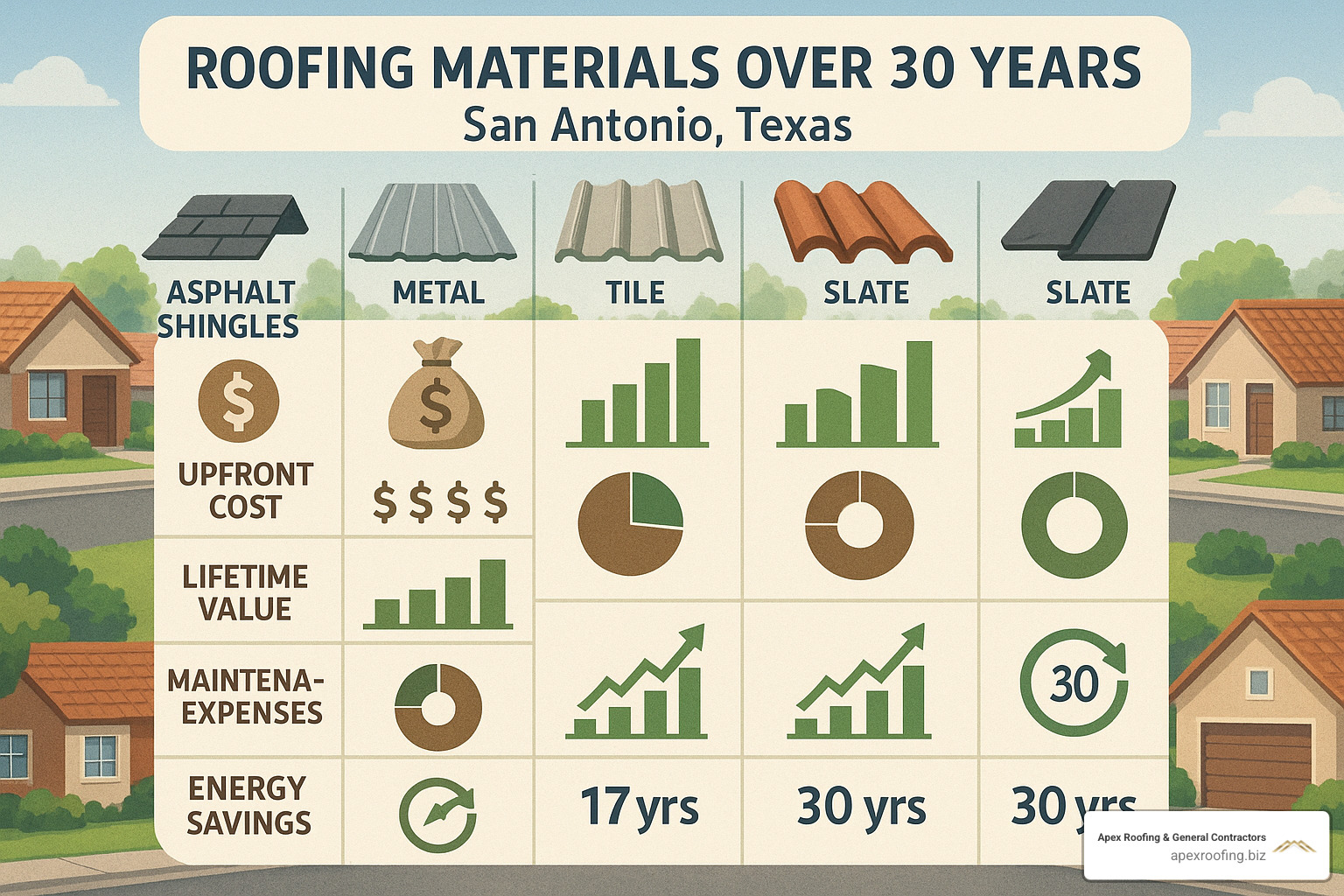 roofing materials over 30 years in San Antonio, Texas infographic - roof installation company san antonio