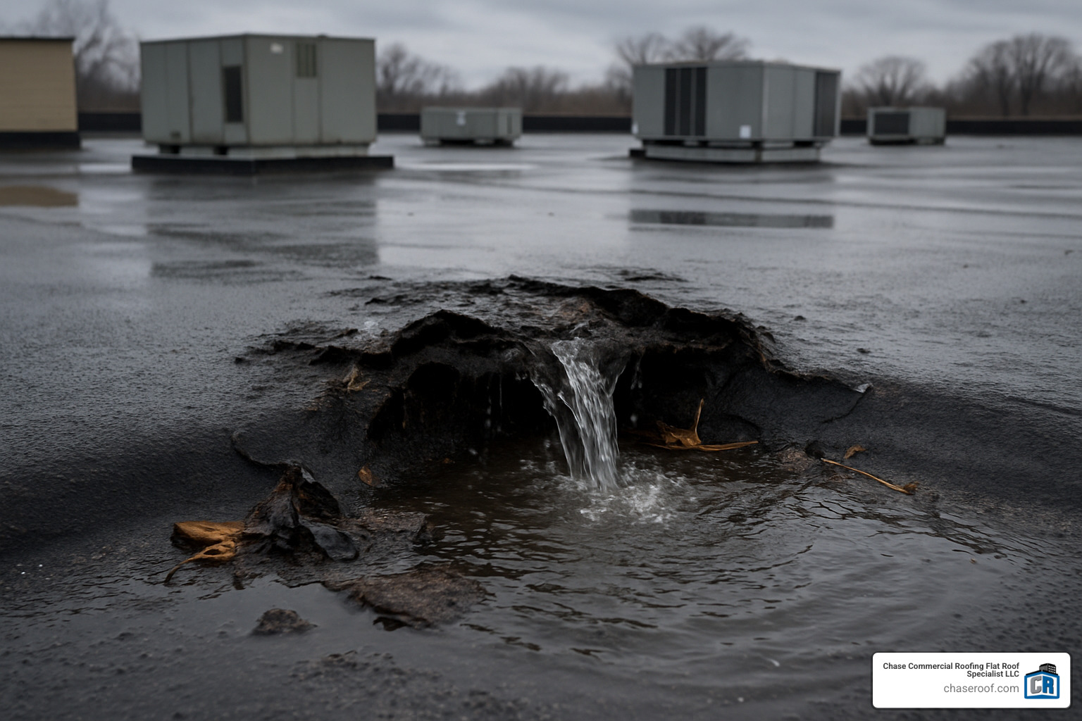 active water leak on commercial flat roof - 24 hour commercial roof repair