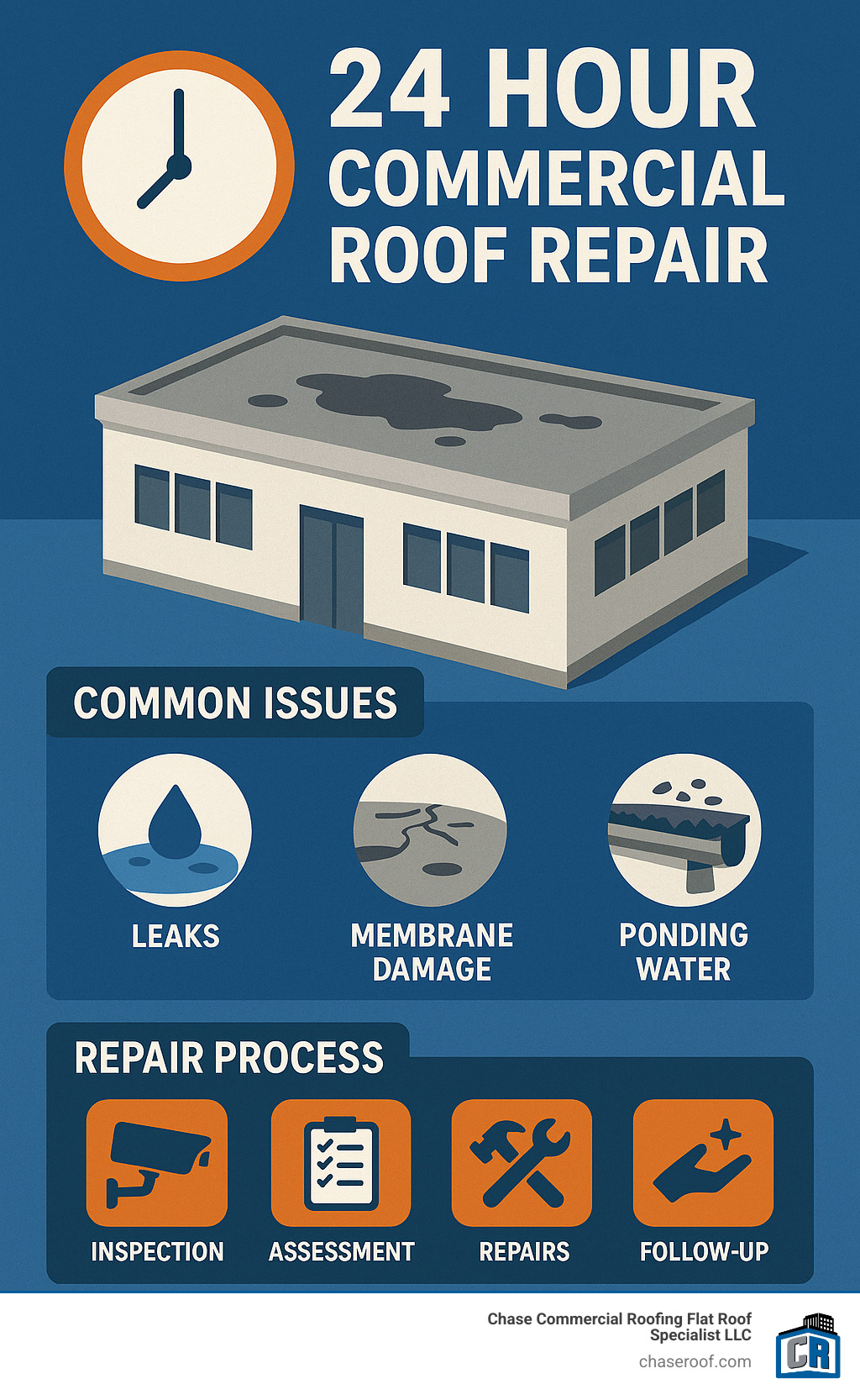 make it more detailed - don't use business name - 24 hour commercial roof repair infographic 