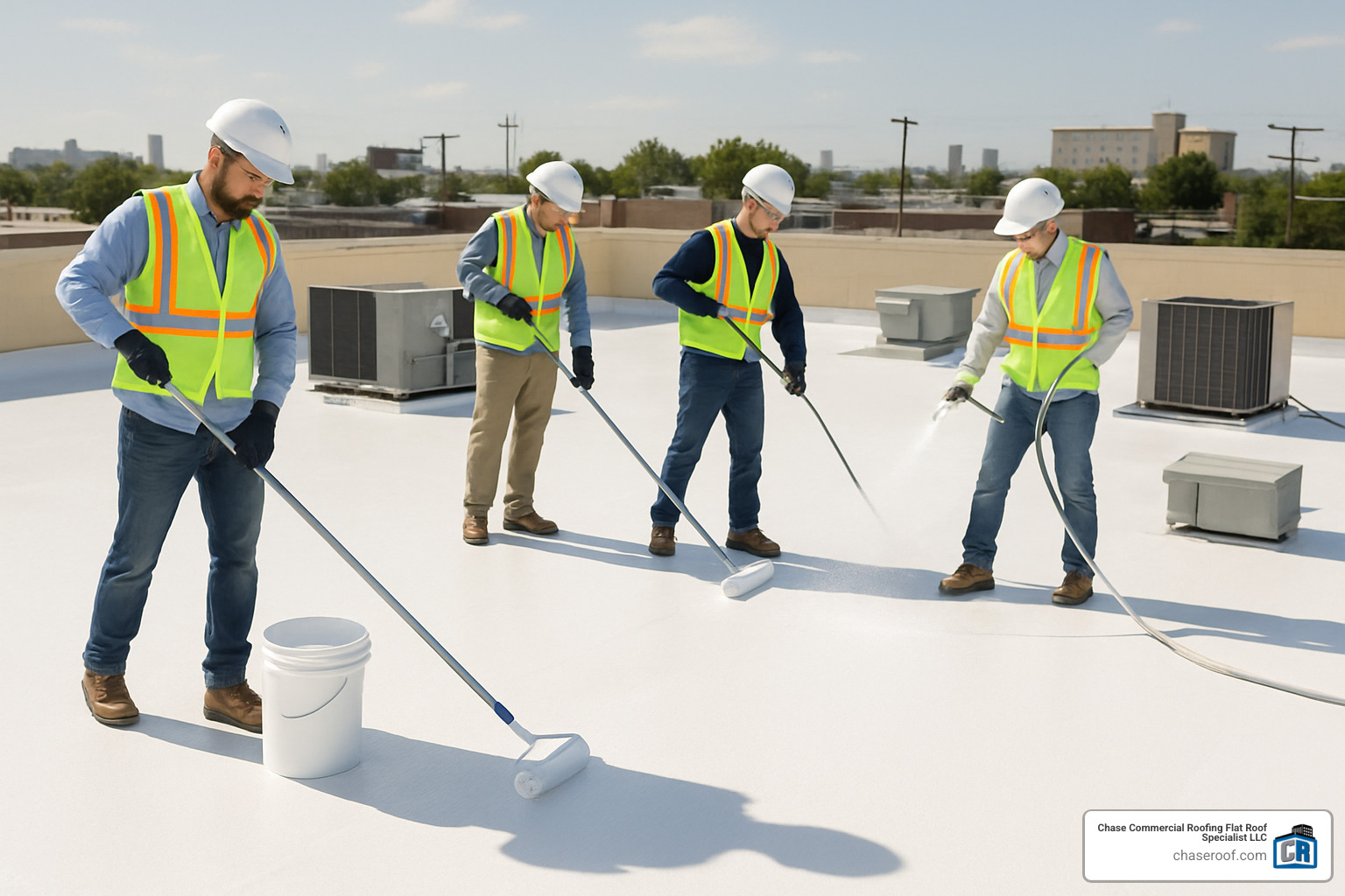 commercial flat roof with coating being applied - roof coatings