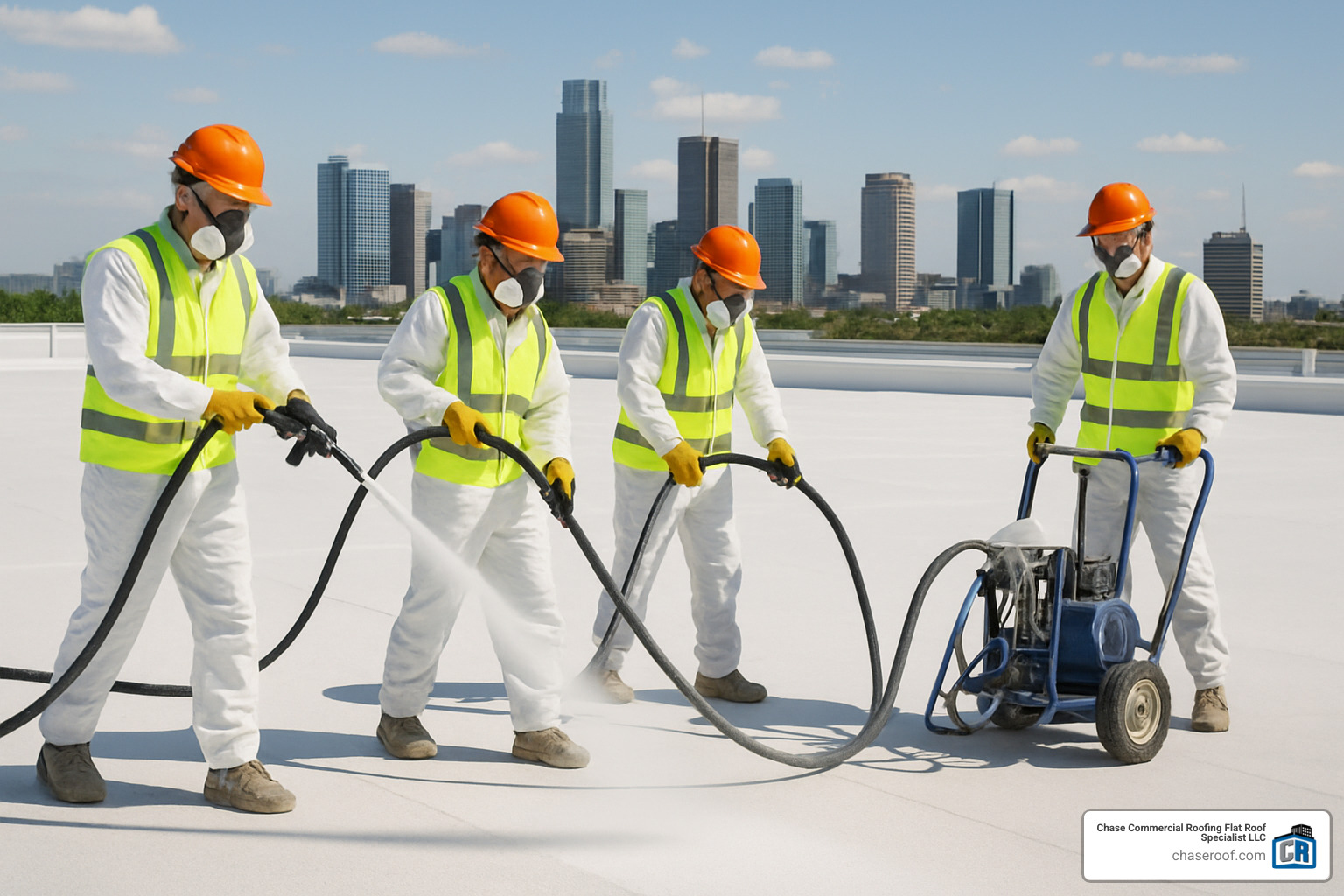 crew spraying roof coating on commercial building - roof coatings
