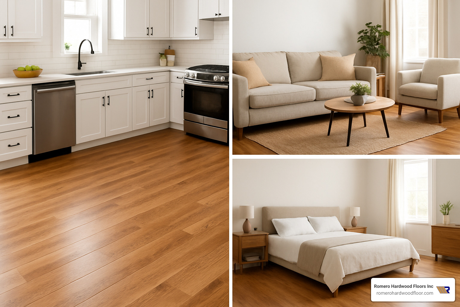 Hardwood flooring in different rooms of a home showing kitchen, living room, and bedroom installations - Best wood for floors