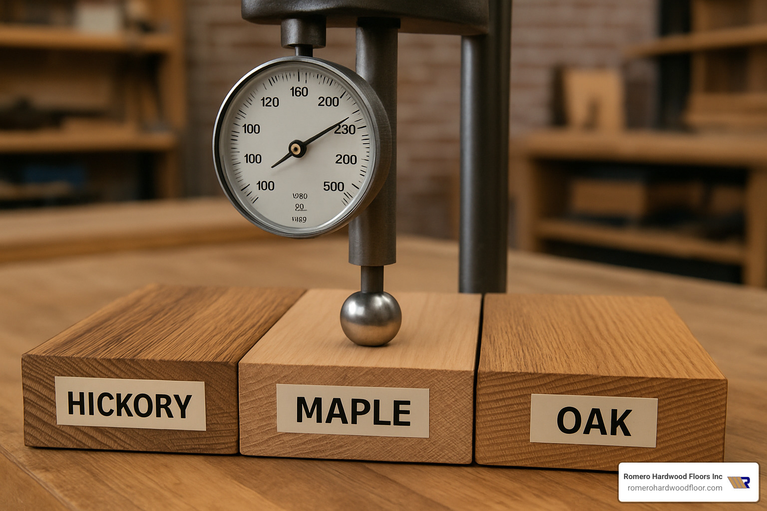 Janka hardness test being performed on different wood species - Best wood for floors