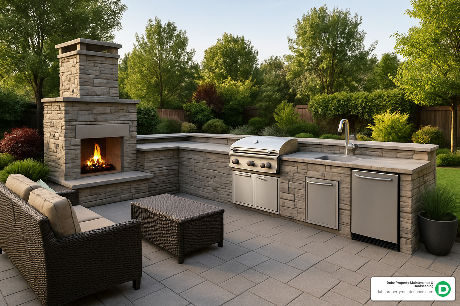 L-shaped outdoor kitchen with stacked stone fireplace - modern outdoor kitchen with fireplace