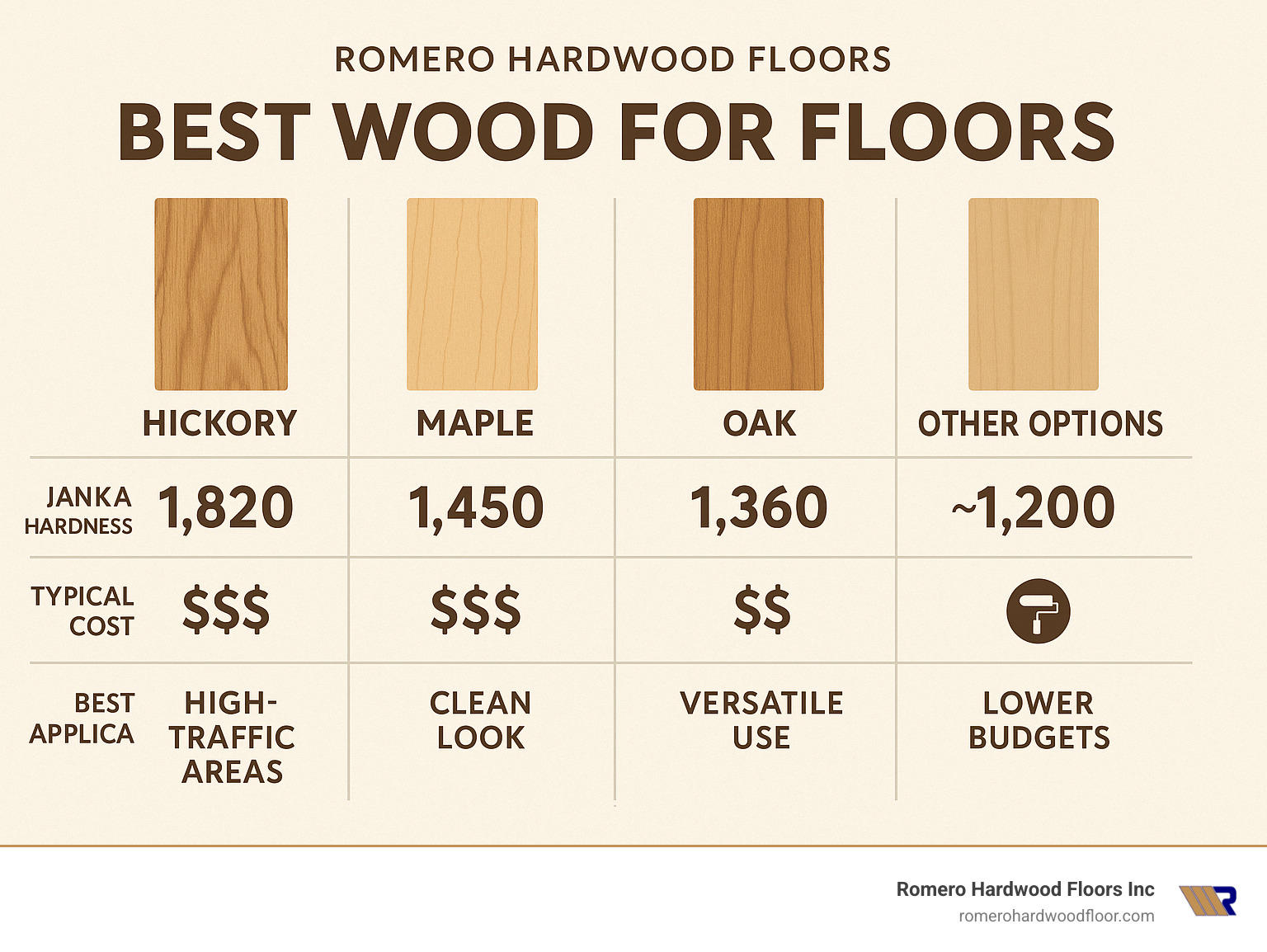 Comparison of hardwood flooring species showing hickory, maple, oak and other options with their Janka hardness ratings, typical costs, refinishing potential, and best applications in the home - Best wood for floors infographic 