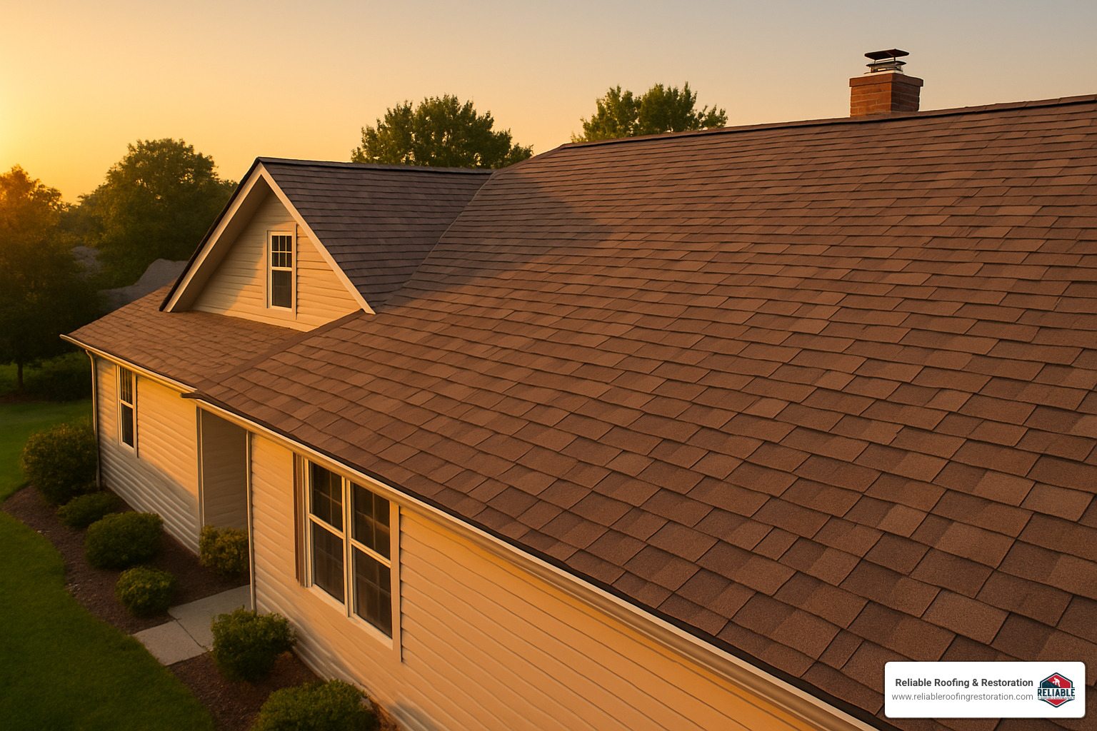 How Much Does It Really Cost to Replace Asphalt Roof Shingles? 6 completed architectural shingle roof installation at sunset - roof shingle replacement estimate