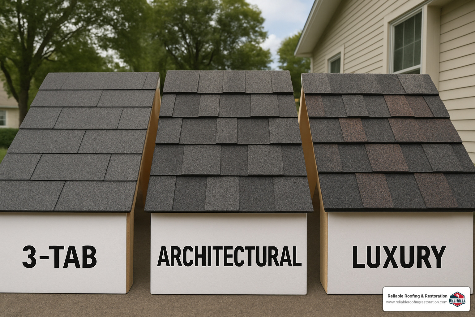 How Much Does It Really Cost to Replace Asphalt Roof Shingles? 3 comparison of 3-tab architectural and luxury asphalt shingles - roof shingle replacement estimate