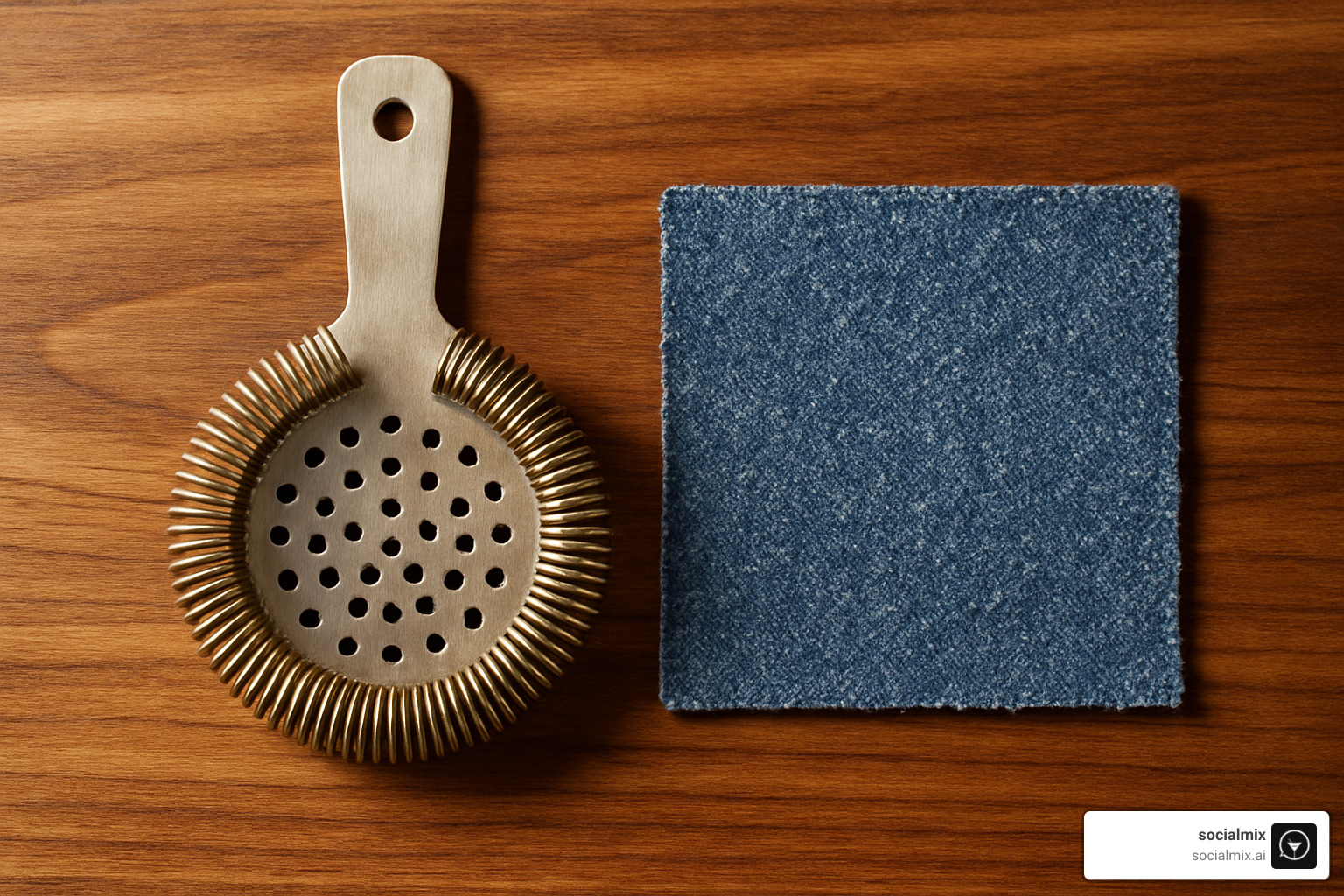 Eco-friendly bartender strainer beside recycled-denim swatch - social fashion trends