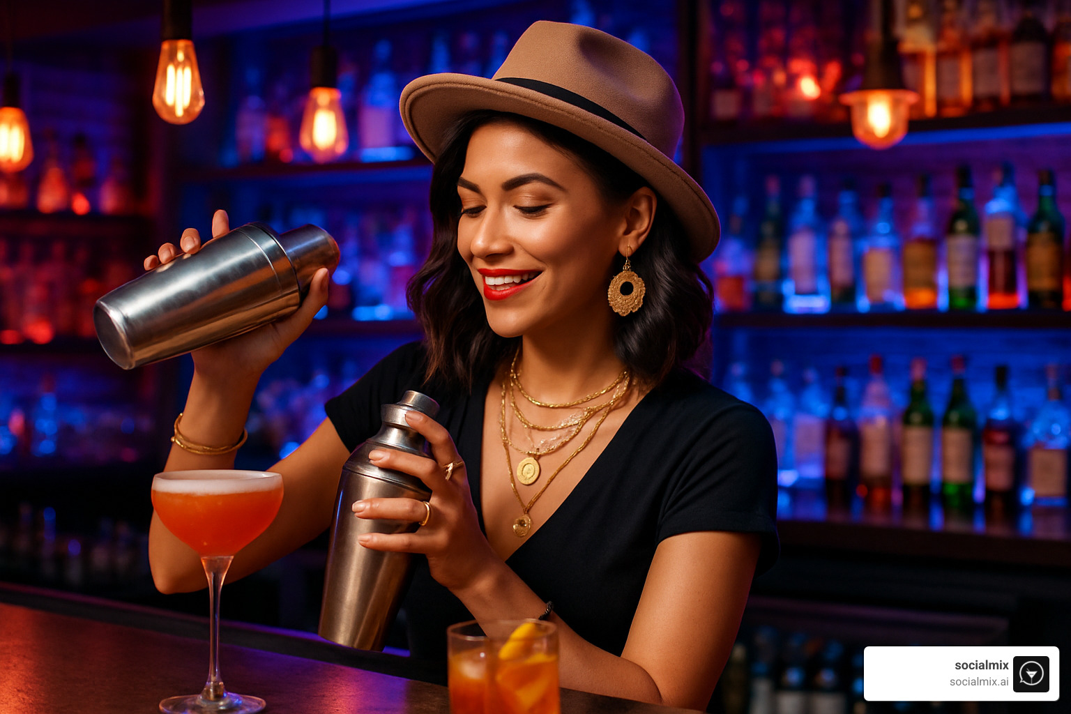 Bartender influencer mixing cocktails while wearing trending accessories - social fashion trends