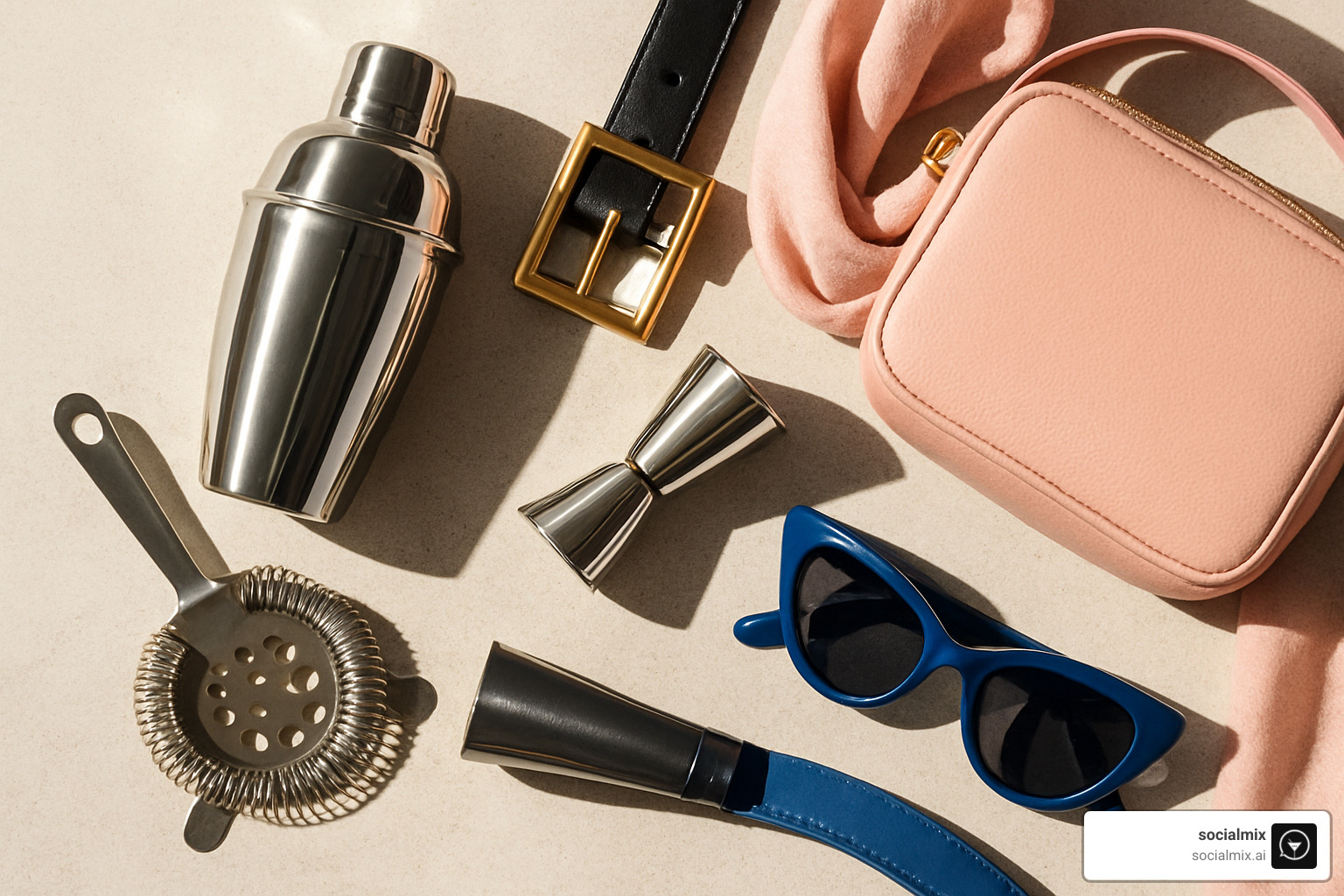 Bartender tools arranged next to trending accessories including statement belts and powder pink accents - social fashion trends