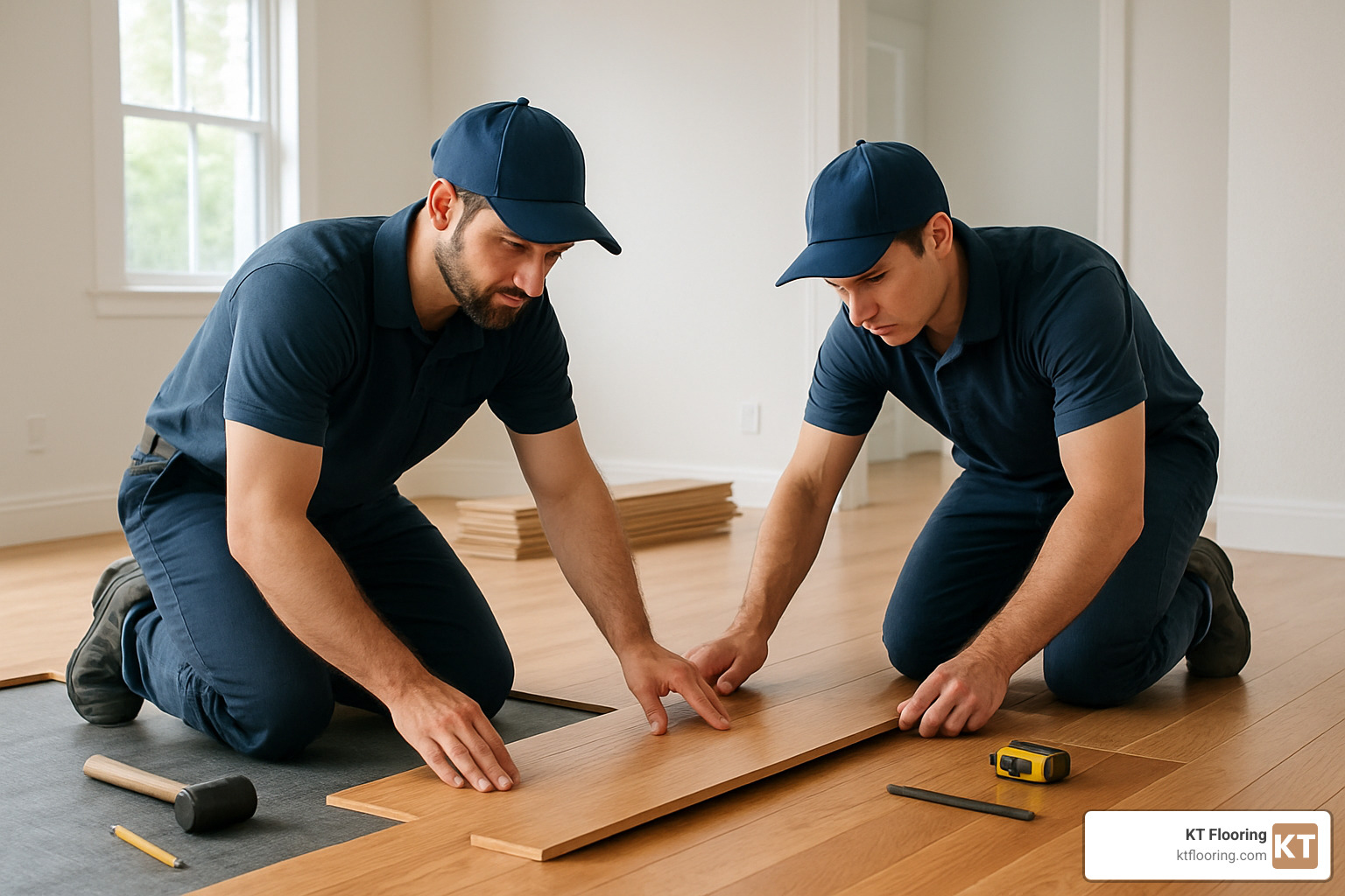Professional flooring installers at work laying hardwood flooring - flooring companies manchester nh