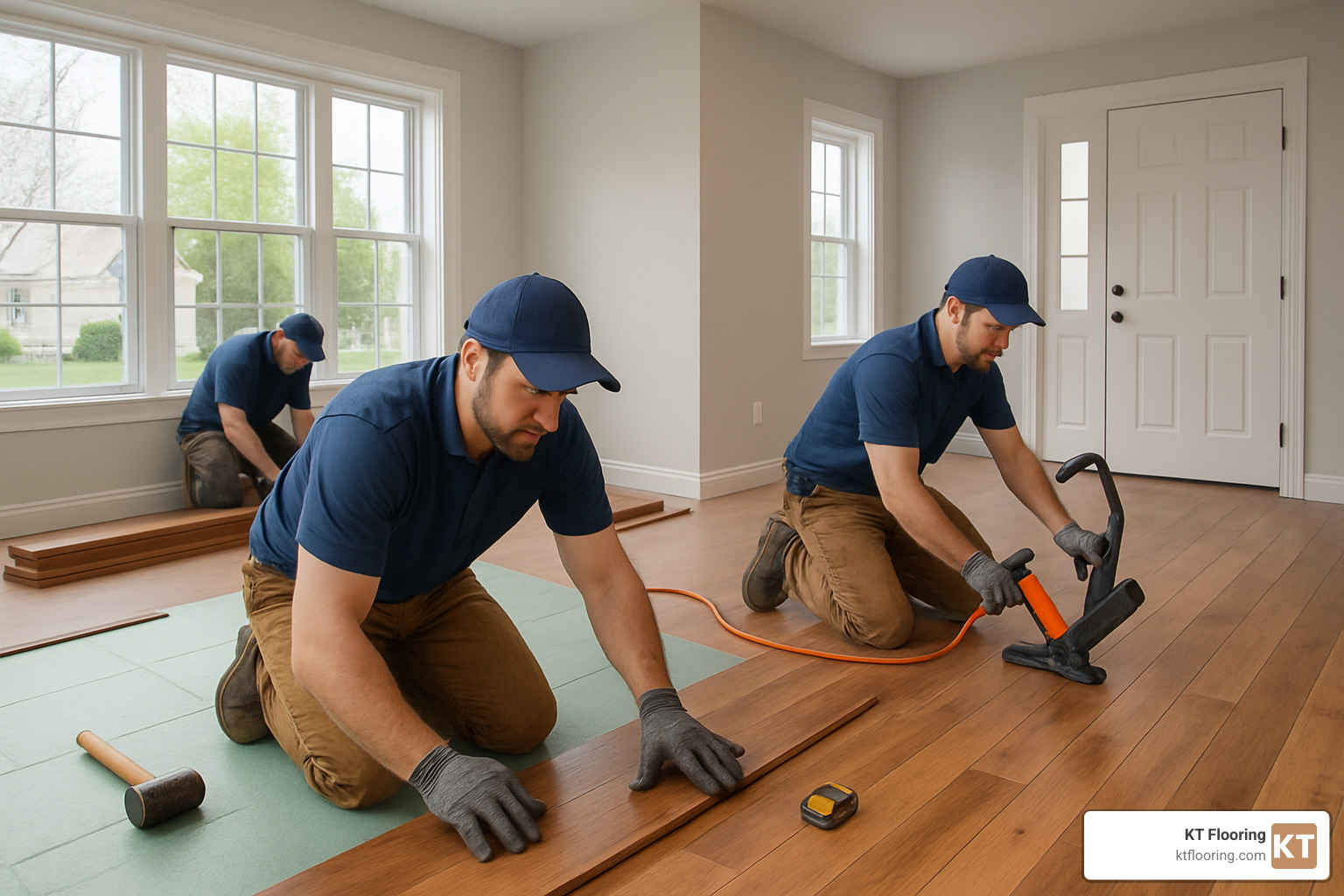 Flooring installation team working in a Manchester NH home - flooring companies manchester nh