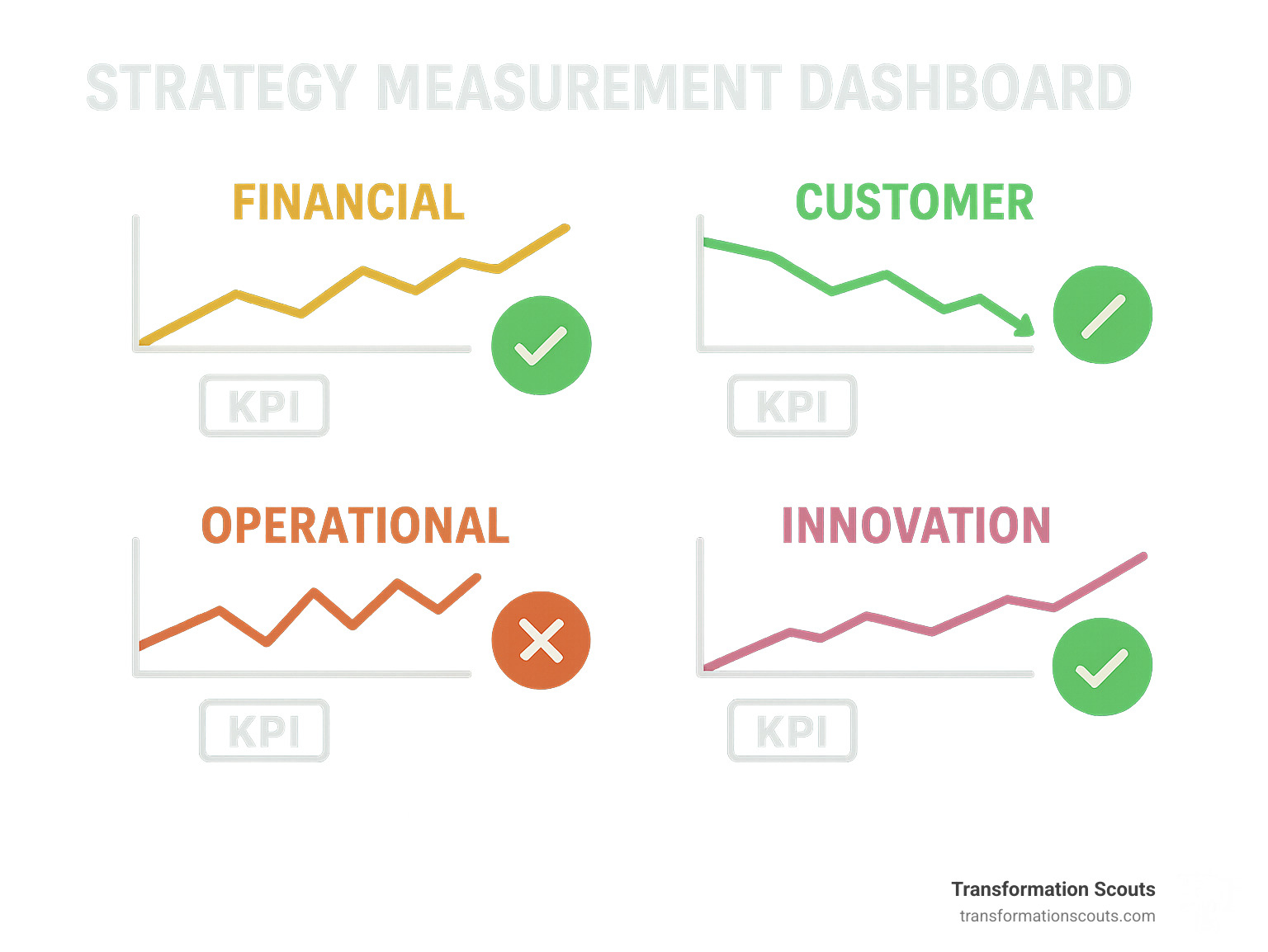 Strategy Measurement Dashboard showing key performance indicators across financial, customer, operational, and innovation dimensions, with trend lines and status indicators - business strategy development infographic 