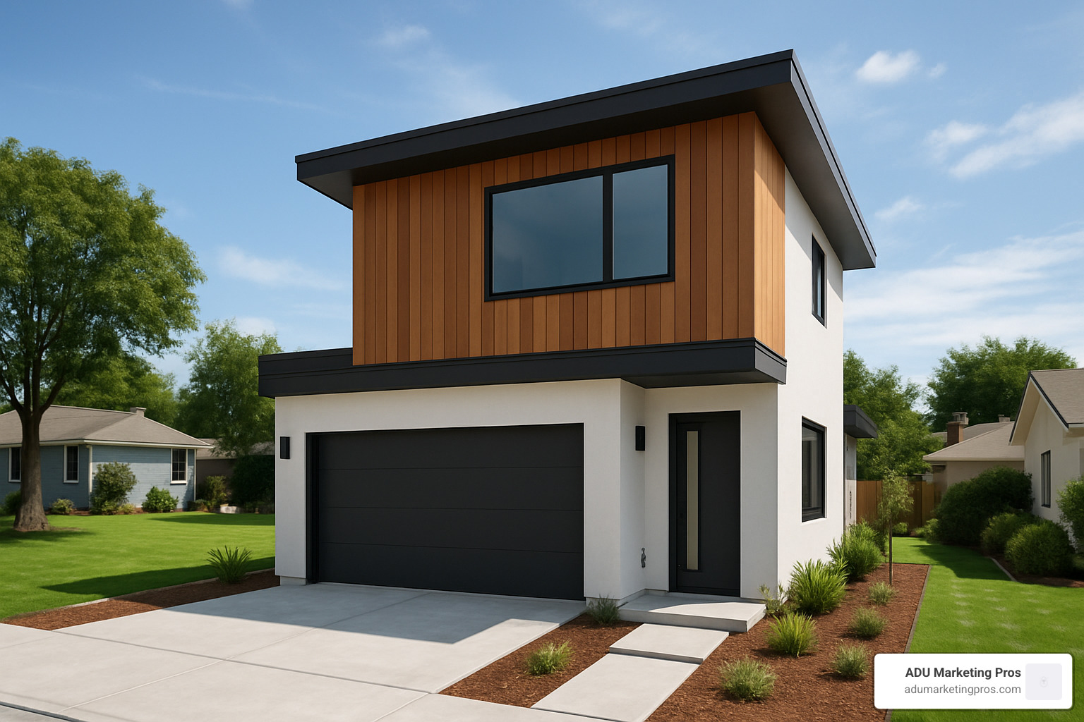Modern two-story ADU with garage on bottom level - adu plans with garage