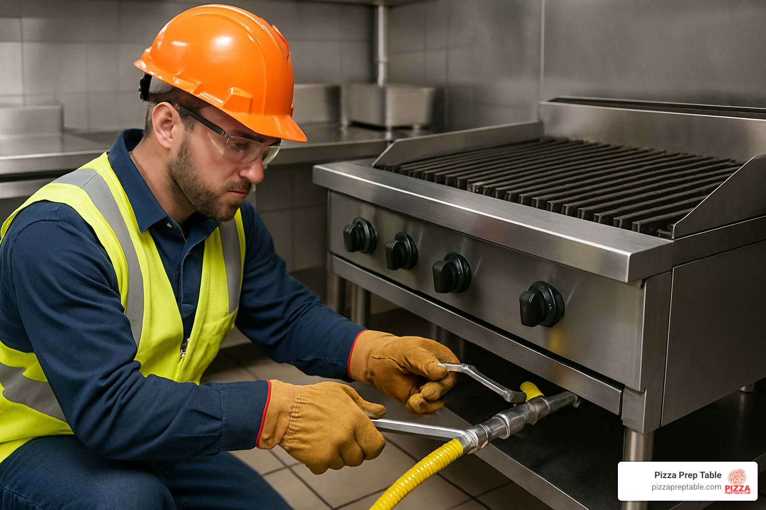 technician installing gas line to commercial charbroiler - char broiler a gas