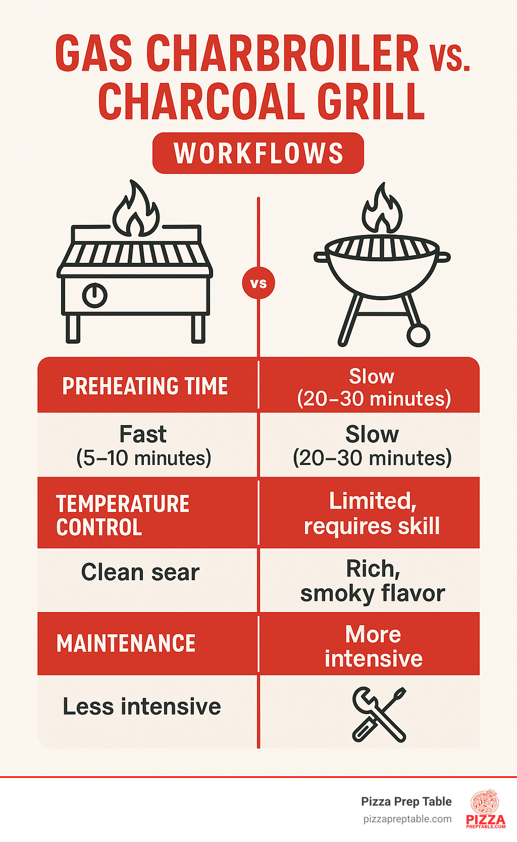 Comparison of gas charbroiler vs charcoal grill workflows showing preheating time, temperature control, flavor profile, and maintenance requirements for commercial kitchens - char broiler a gas infographic 
