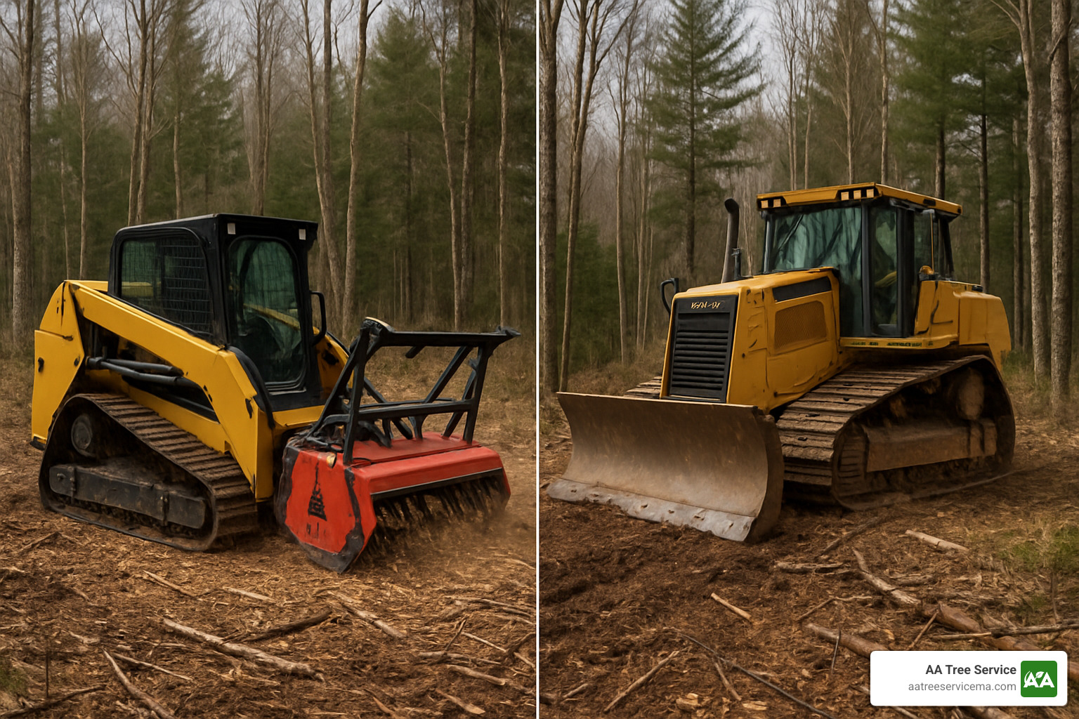 skid steer with forestry attachment versus large bulldozer - clearing company near me