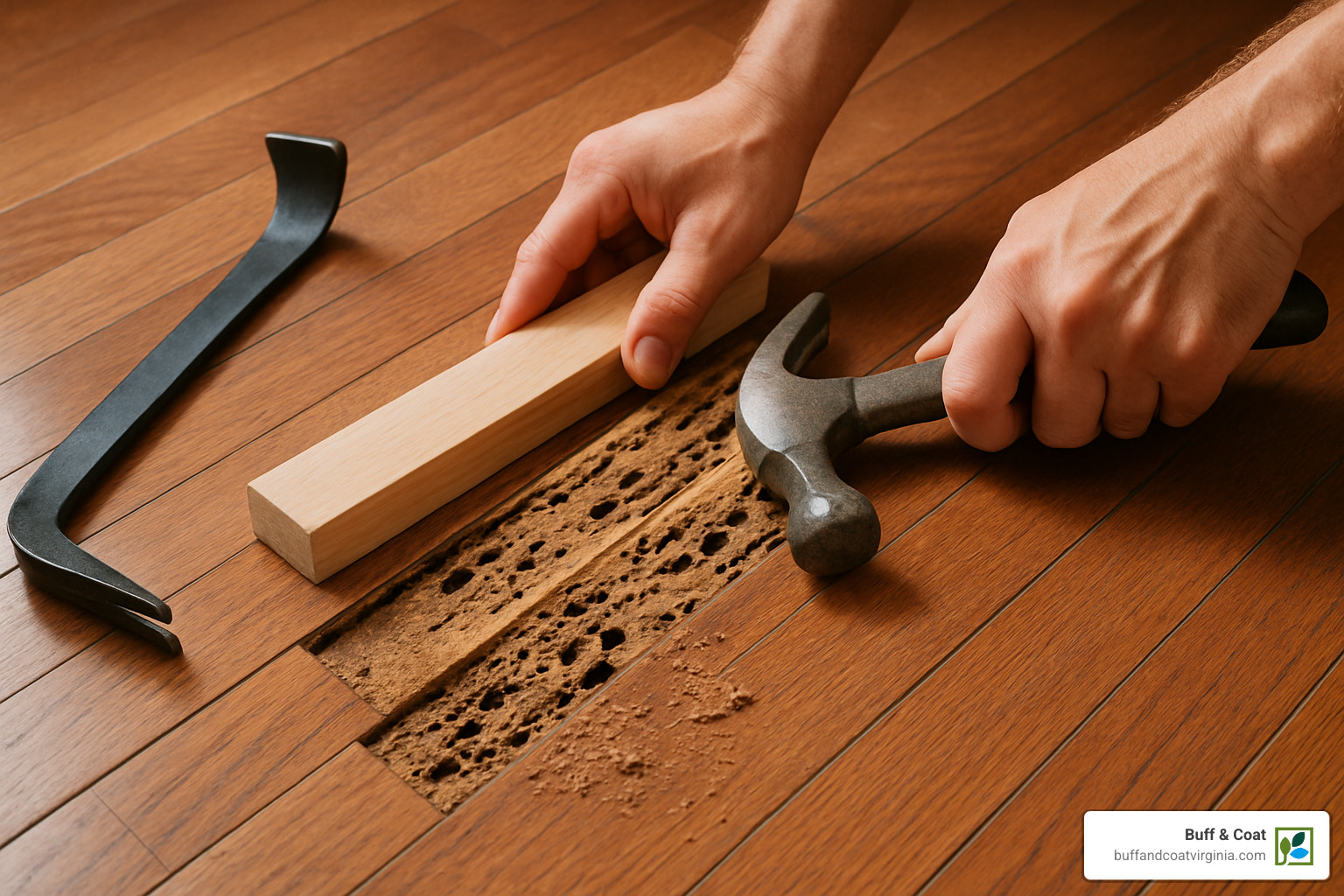 termite damaged hardwood floor being repaired - hardwood floor repair contractors