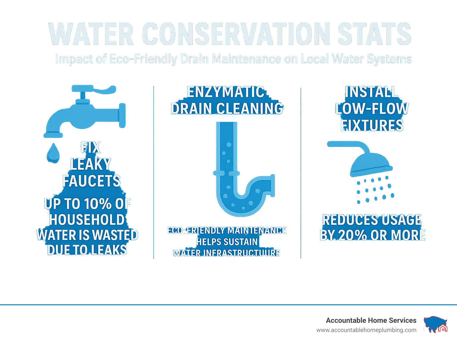 Water conservation stats showing impact of eco-friendly drain maintenance on local water systems - best drain cleaning solution infographic 