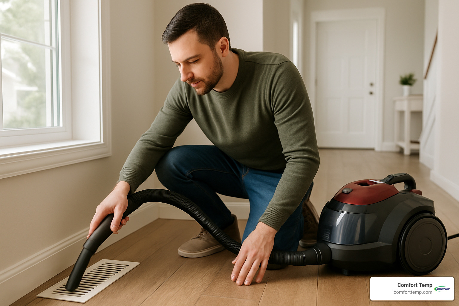Person vacuuming a floor register to maintain clean ducts - air duct cleaning companies