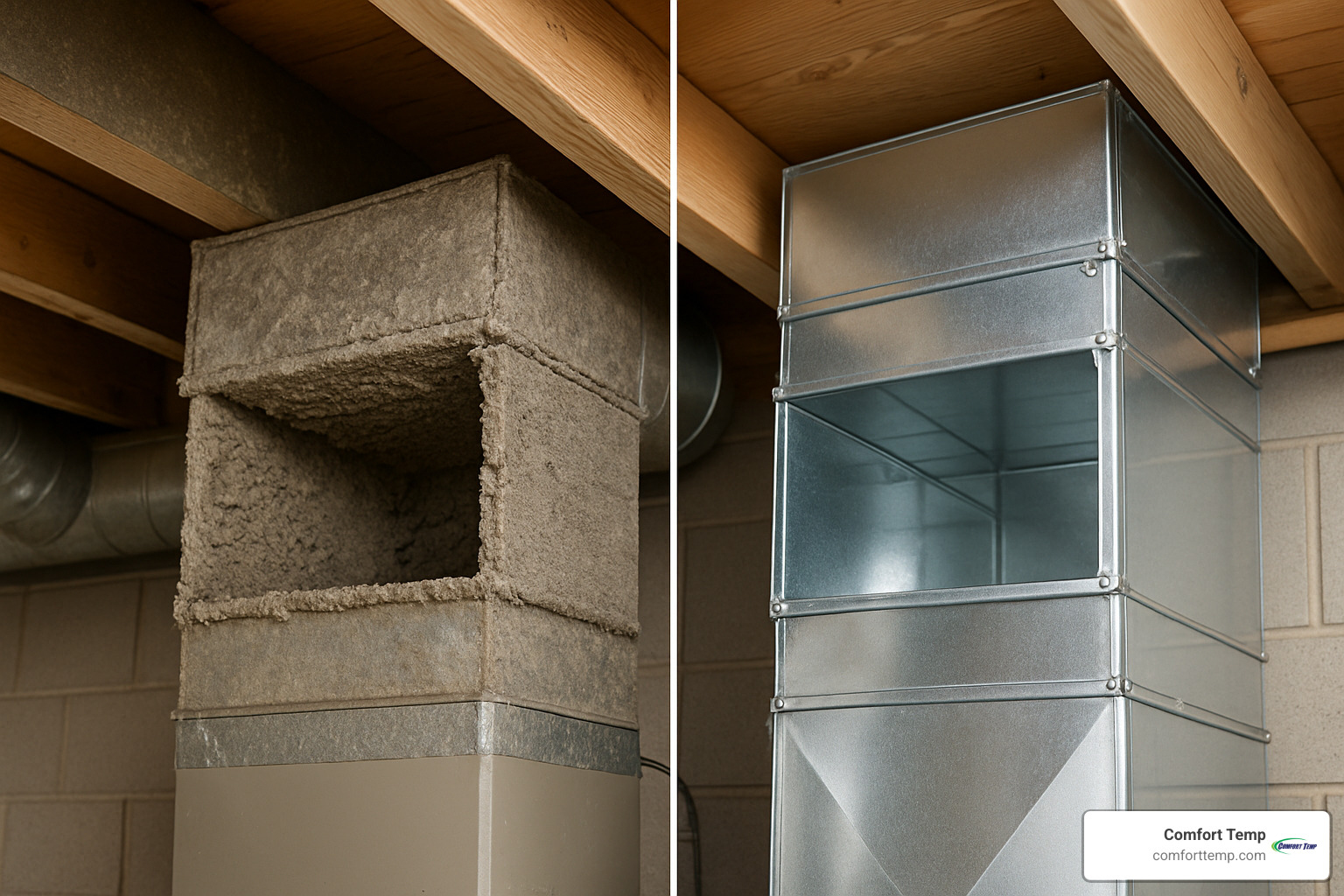 Comparison of new vs old ductwork showing differences in condition - air duct cleaning companies