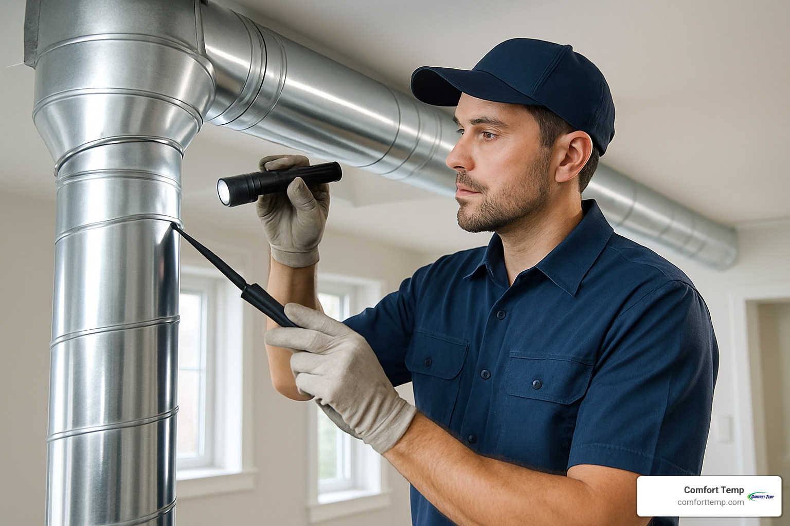 Professional technician inspecting clean air ducts after service - air duct cleaning companies