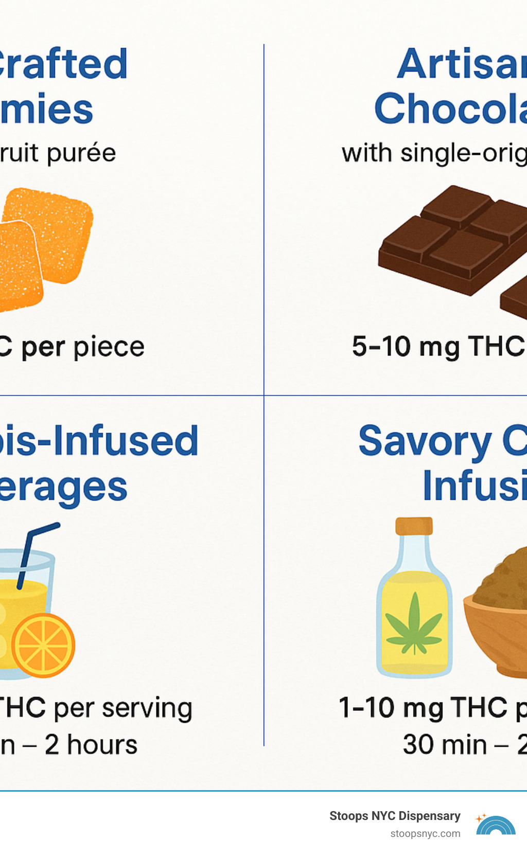 Detailed infographic showing the spectrum of gourmet cannabis edibles, including chef-crafted gummies with real fruit purée, artisanal chocolates with single-origin cacao, cannabis-infused beverages, and savory culinary infusions, alongside their typical dosage ranges and onset times - gourmet cannabis edibles infographic