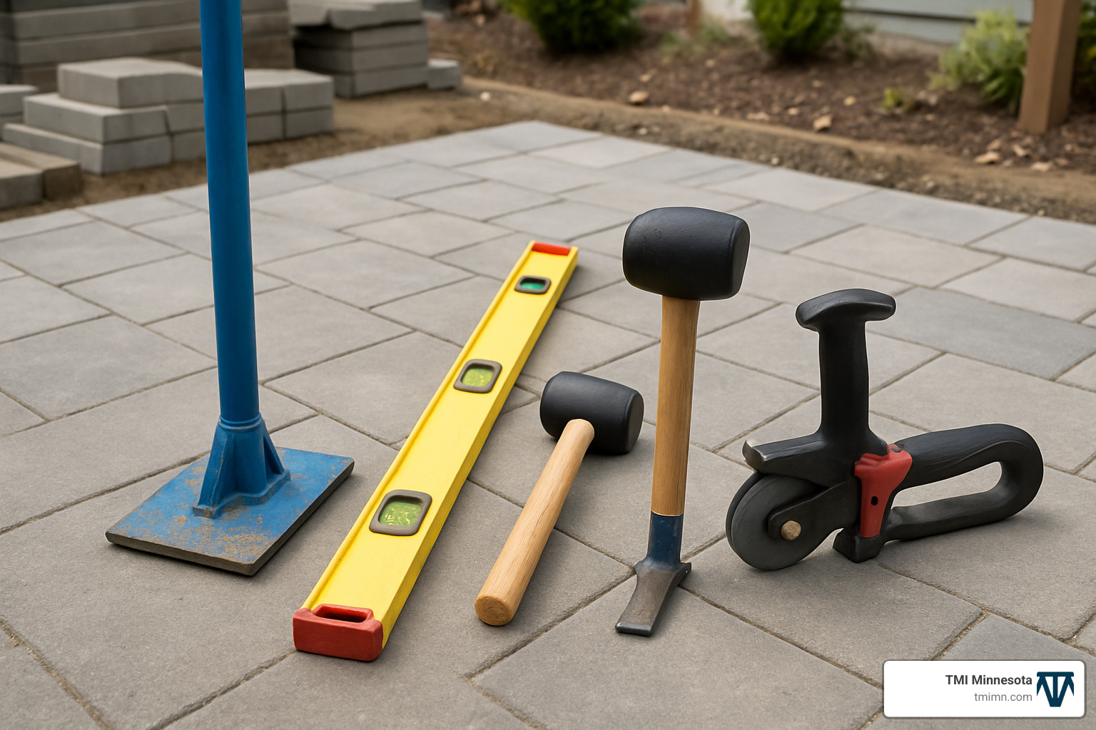 84c6117088fd39f8b1001ce6bb62de347445cb1f How to Install Hardscape Pavers: 10 Steps Discover how to install hardscape pavers step-by-step and boost your outdoor space with expert tips, tools, and project planning. paver installation tools including tamper, level, rubber mallet, and cutting tools - how to install hardscape pavers