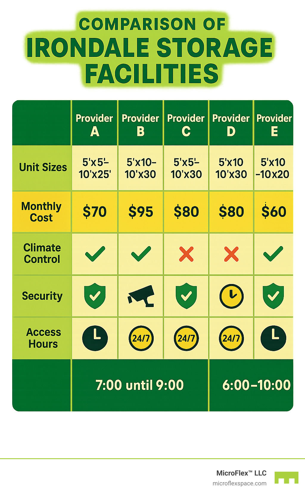 Comparison of Irondale storage facilities showing unit sizes, monthly costs, climate control availability, security features, and access hours across 5 major providers - storage units irondale infographic