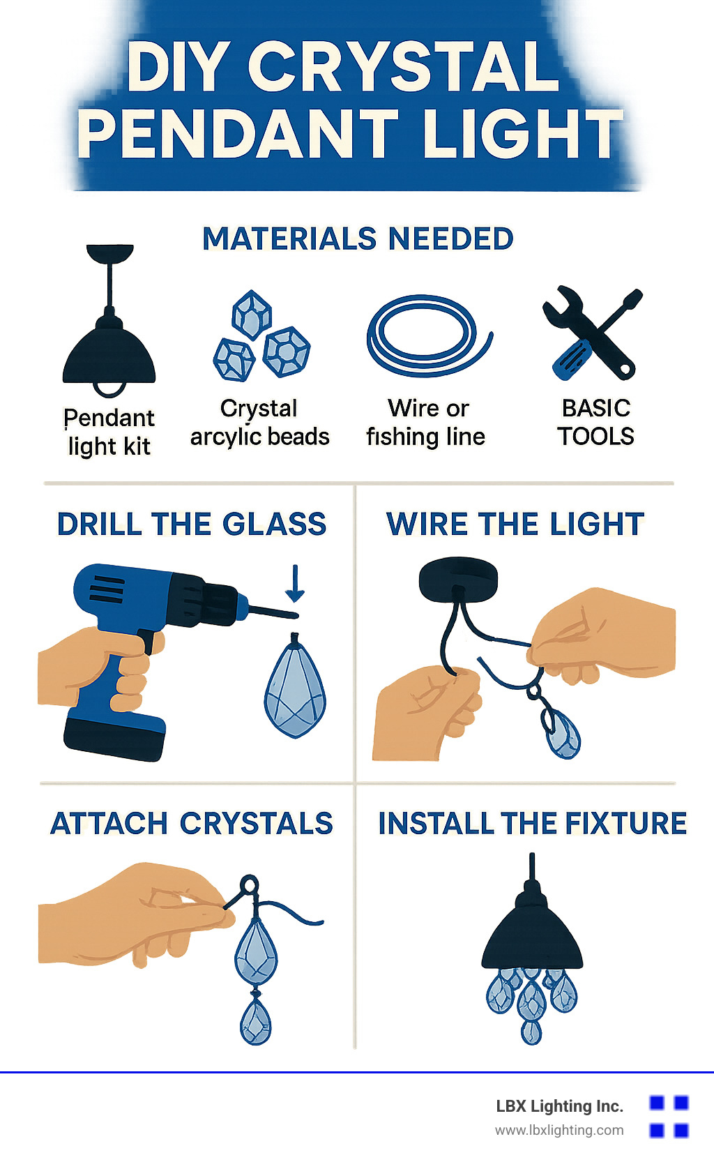 Step-by-step process for creating a DIY crystal pendant light, showing materials needed, drilling techniques for glass components, wiring instructions, crystal attachment methods, and final installation tips - diy crystal pendant light infographic 