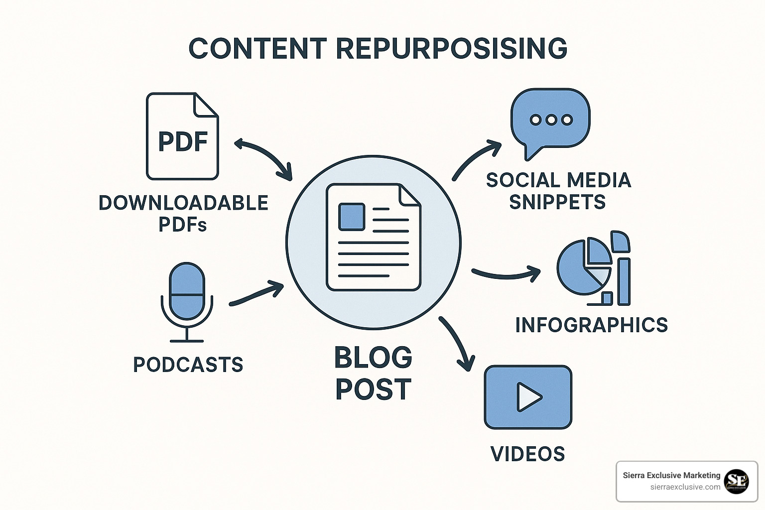 Content repurposing wheel showing blog post change into various formats - content promotion strategies