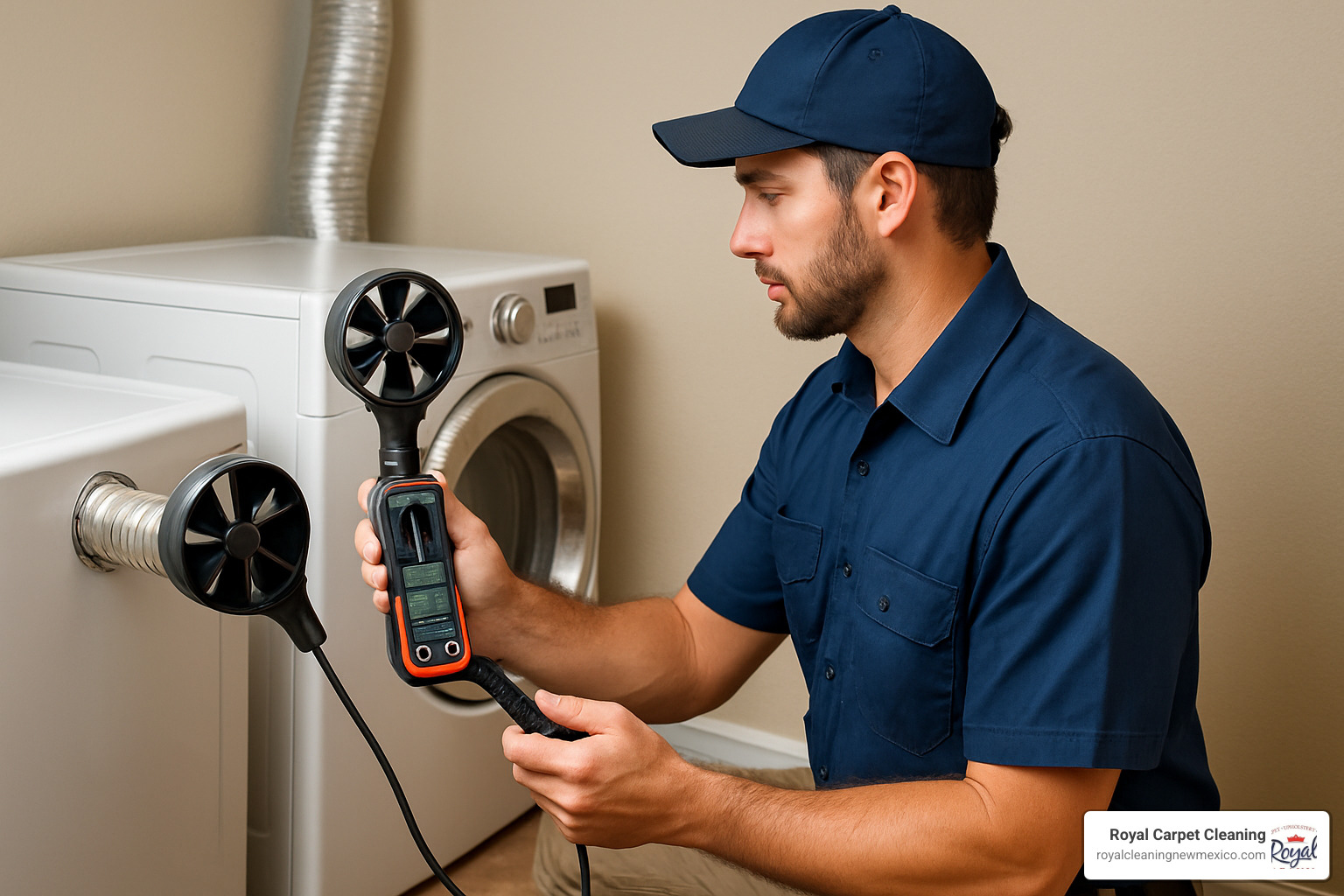 Technician measuring airflow at dryer vent - dryer vent cleaning albuquerque