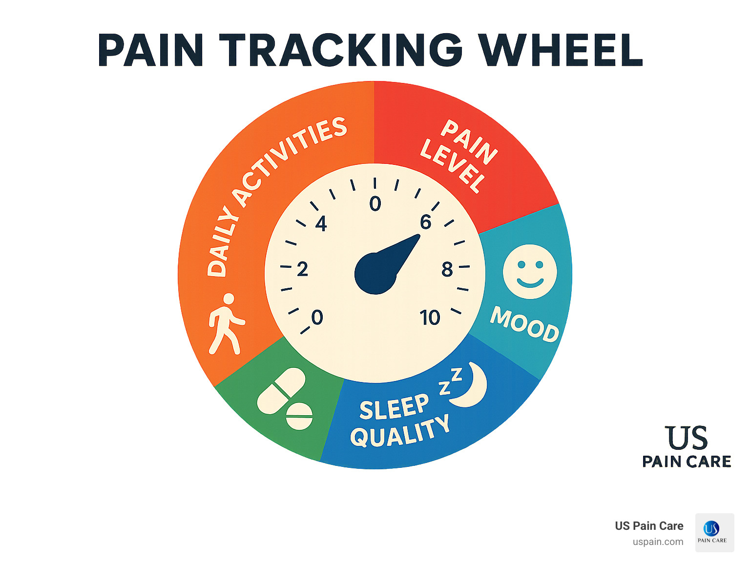 Pain tracking wheel showing daily activities, pain levels, mood, sleep quality, and medication use - how to manage chronic pain without medication infographic 