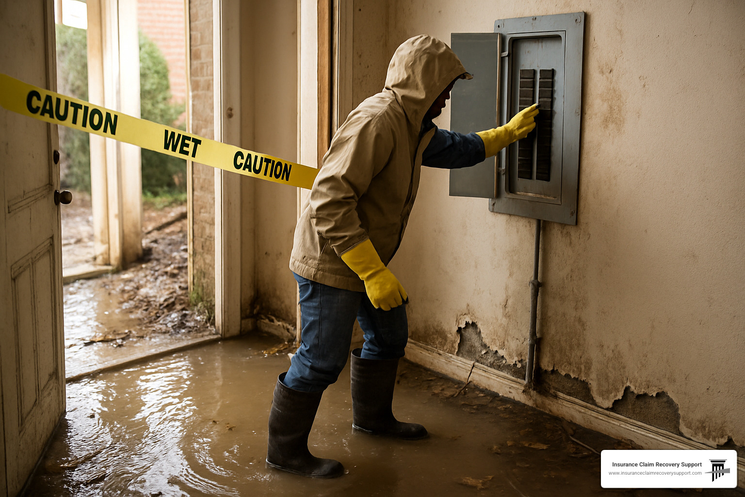 person shutting off electrical panel before entering flooded home - flood insurance claim process