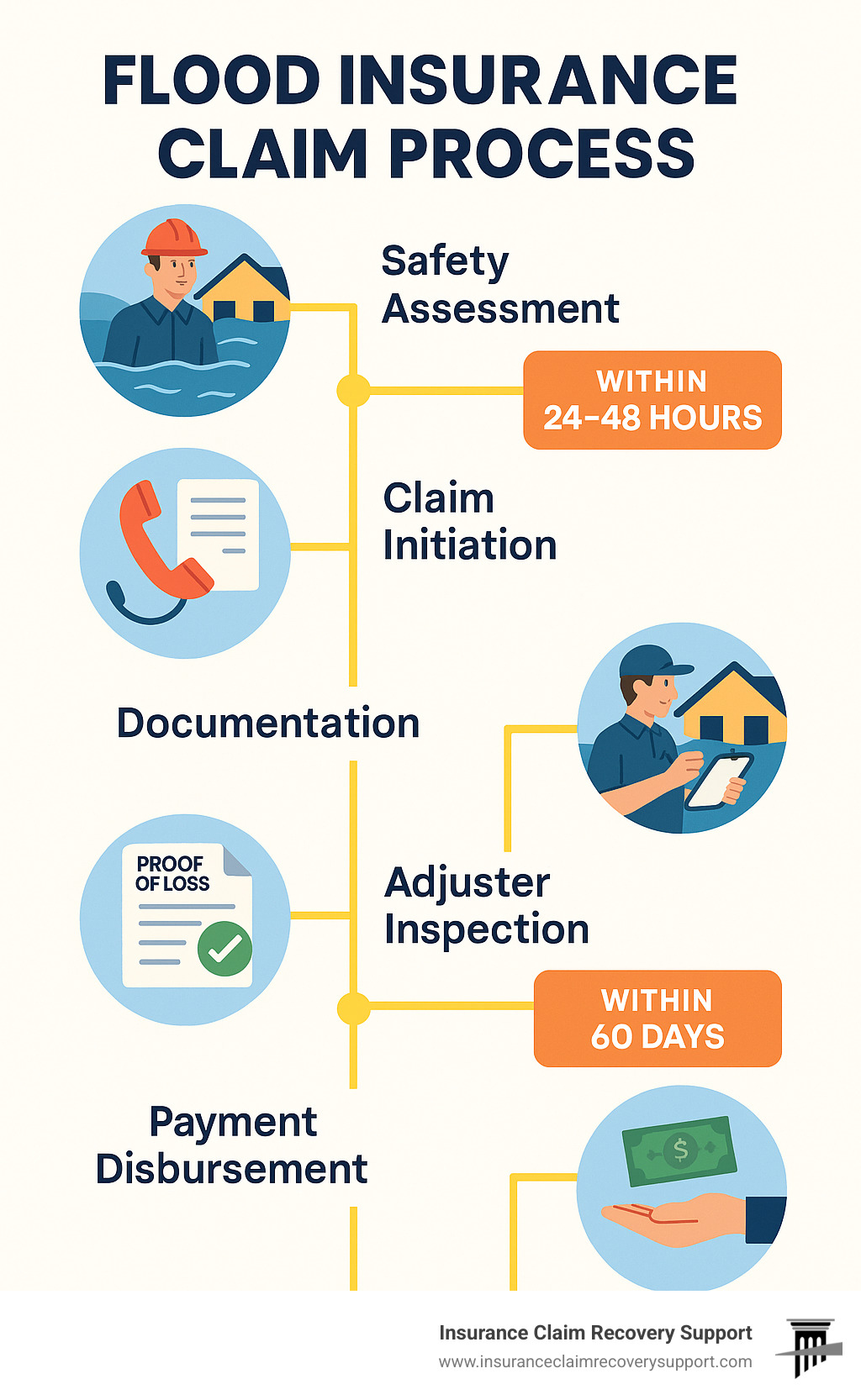 Step-by-step flood insurance claim process timeline showing safety assessment, claim initiation, documentation, adjuster inspection, proof of loss submission, and payment disbursement with associated deadlines - flood insurance claim process infographic 