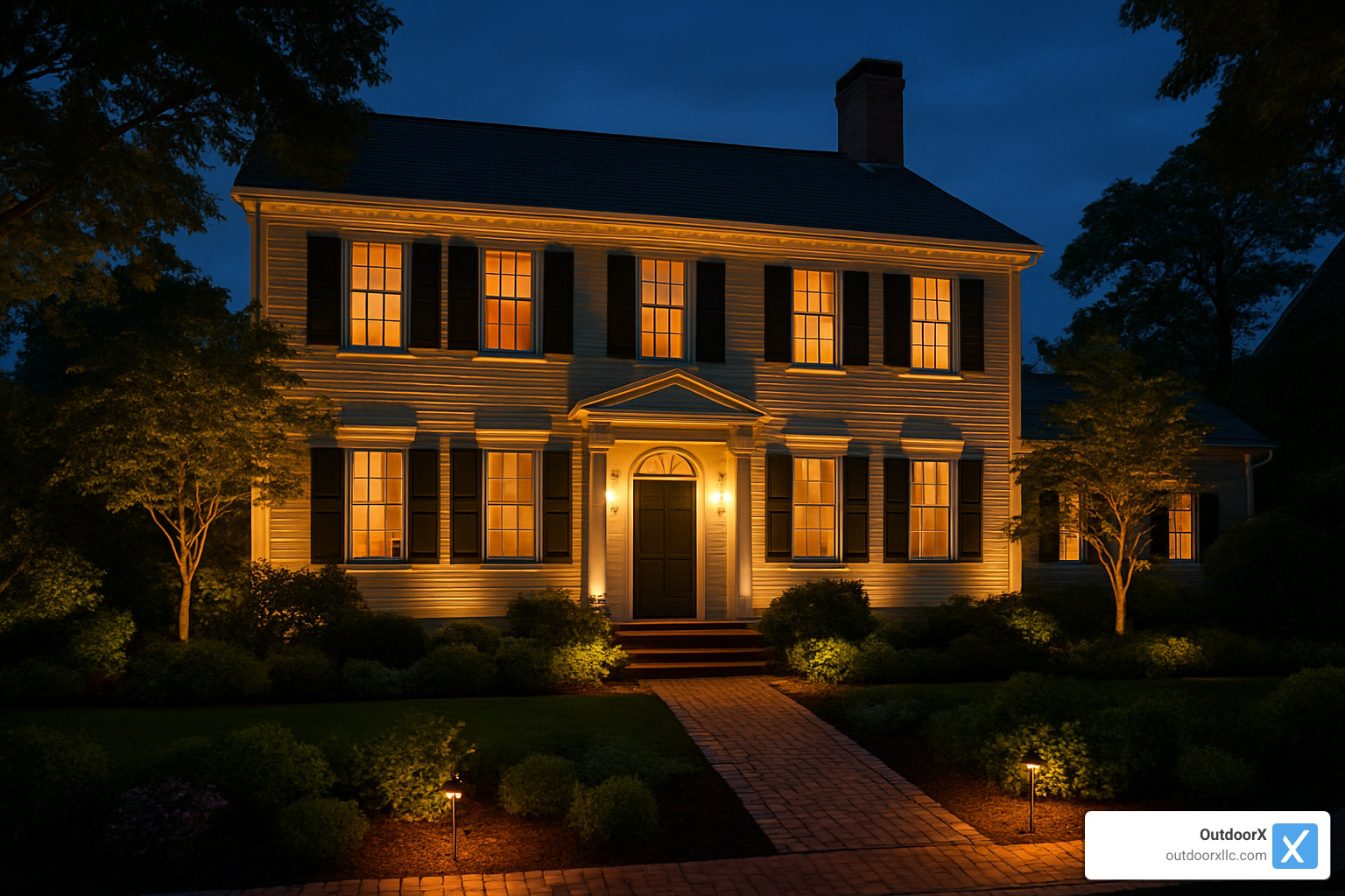 beautiful newburyport home with landscape lighting at dusk - landscape lighting newburyport ma