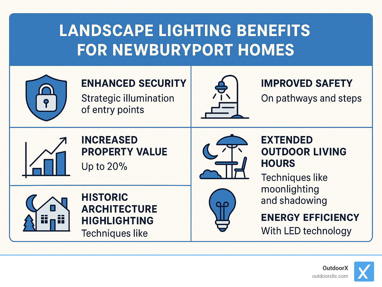 Infographic showing landscape lighting benefits for Newburyport homes: 1) Improved security with strategic illumination of entry points, 2) Improved safety on pathways and steps, 3) Increased property value up to 20%, 4) Extended outdoor living hours, 5) Historic architecture highlighting with specialized techniques like moonlighting and shadowing, 6) Energy efficiency with LED technology - landscape lighting newburyport ma infographic 