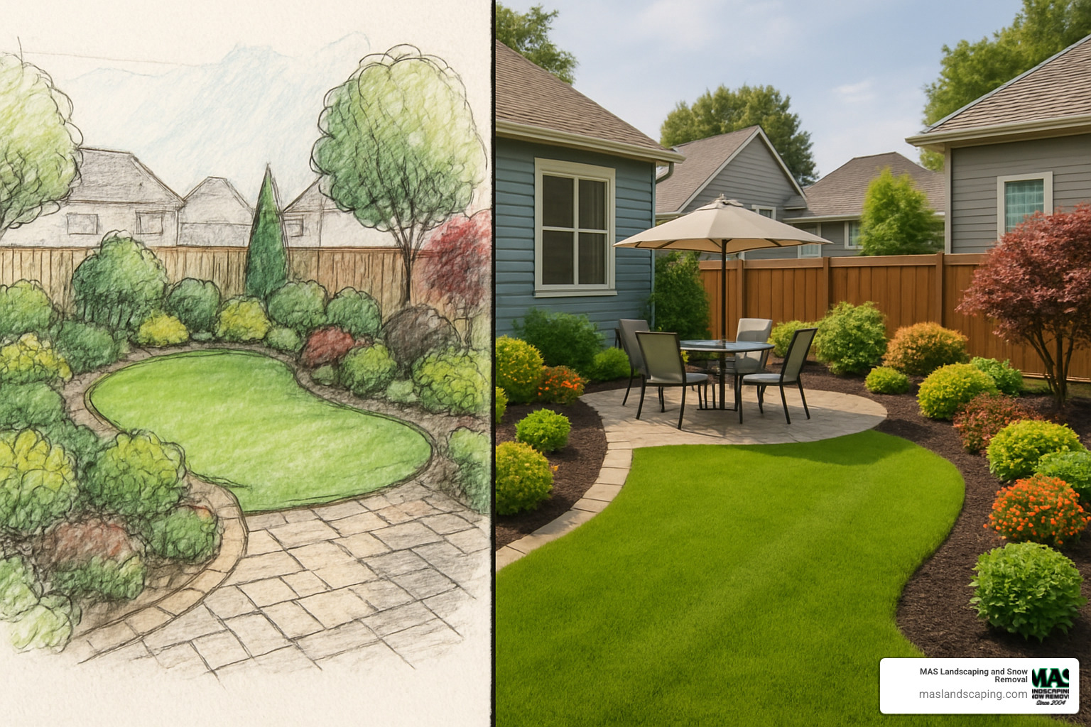 landscape design concept drawing next to completed project - best landscapers near me