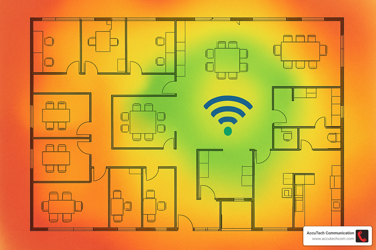 Heat map showing wireless signal strength across an office floor plan - enterprise wireless network solutions